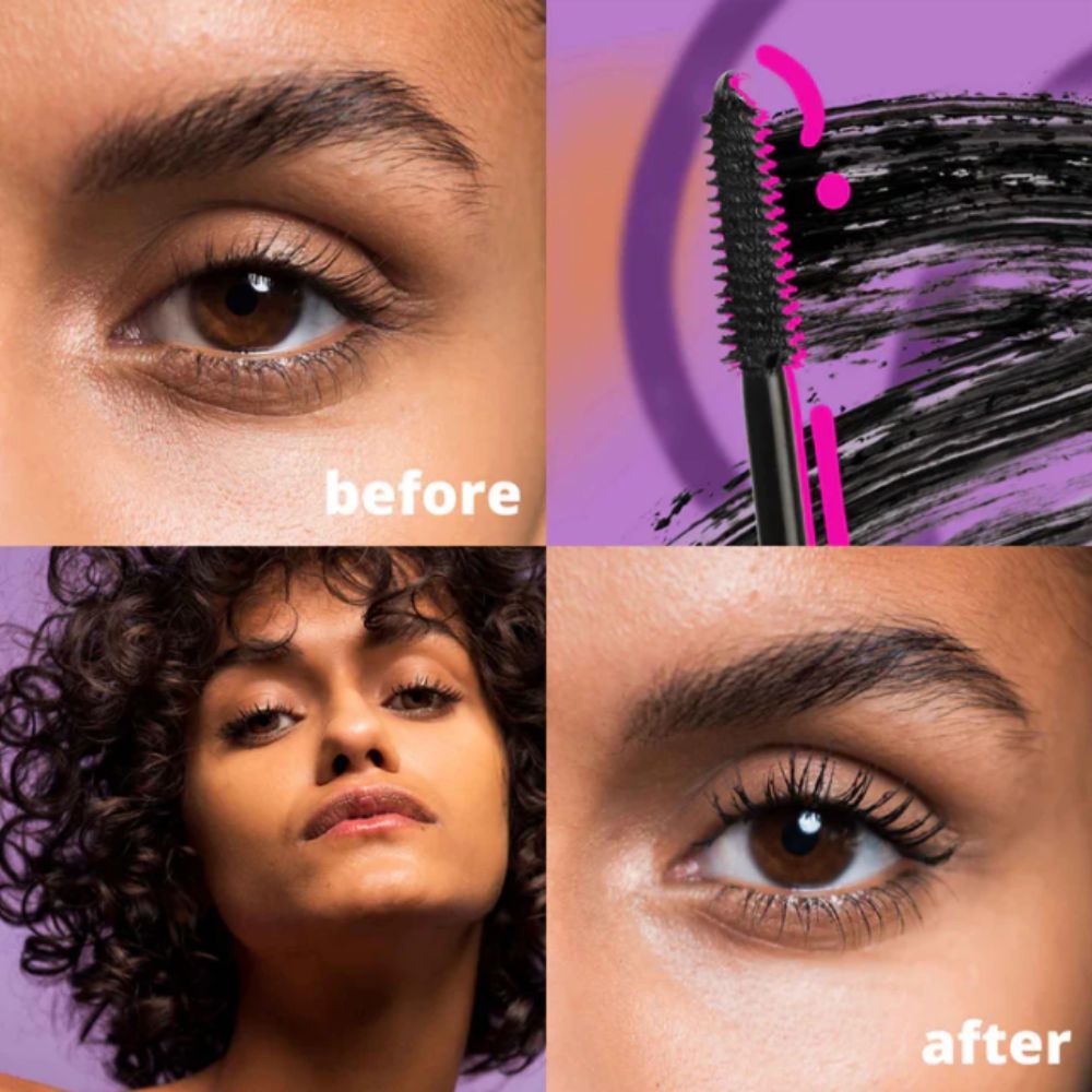 Confronto prima-dopo di ciglia truccate. Quattro immagini: zona occhi prima e dopo l'applicazione del mascara.
