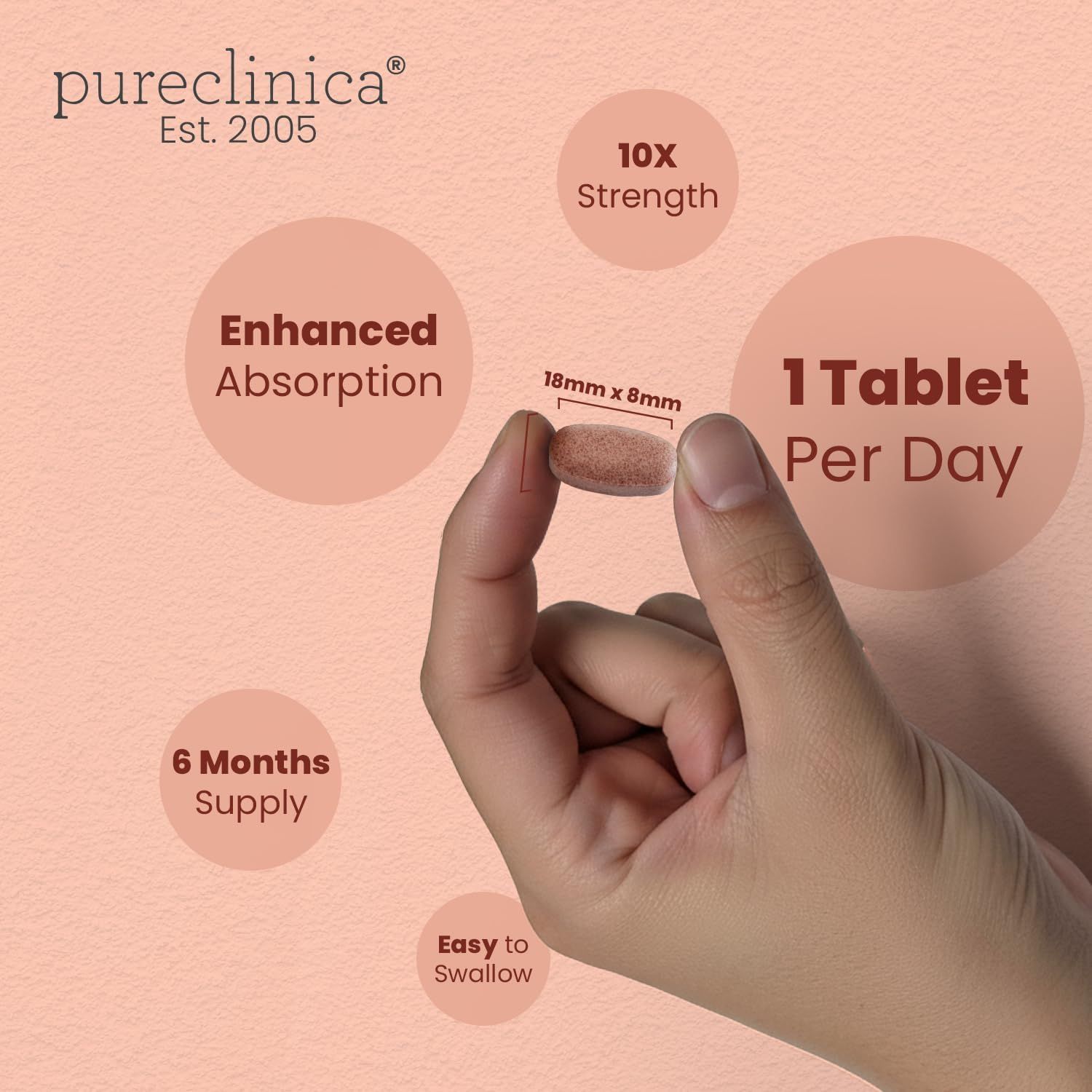 Mano che tiene una compressa. 18mm x 8mm. 1 compressa al giorno. Fornitura per 6 mesi. Facile da deglutire. Estratto di mirtillo.