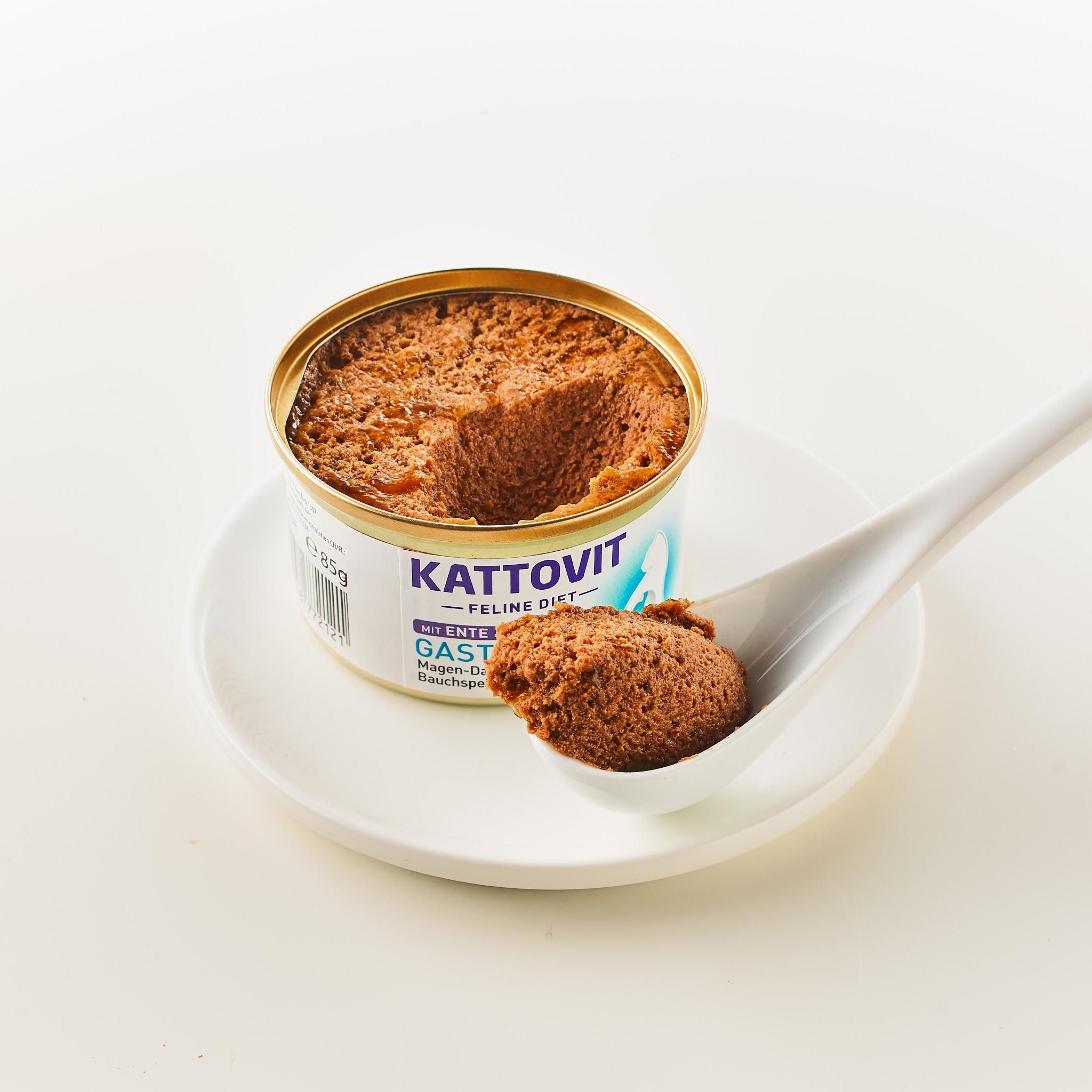 Lattina KATTOVIT Gastro Ente aperta su piatto con cucchiaio. Contenuto visibile. Cucchiaio con cibo.
