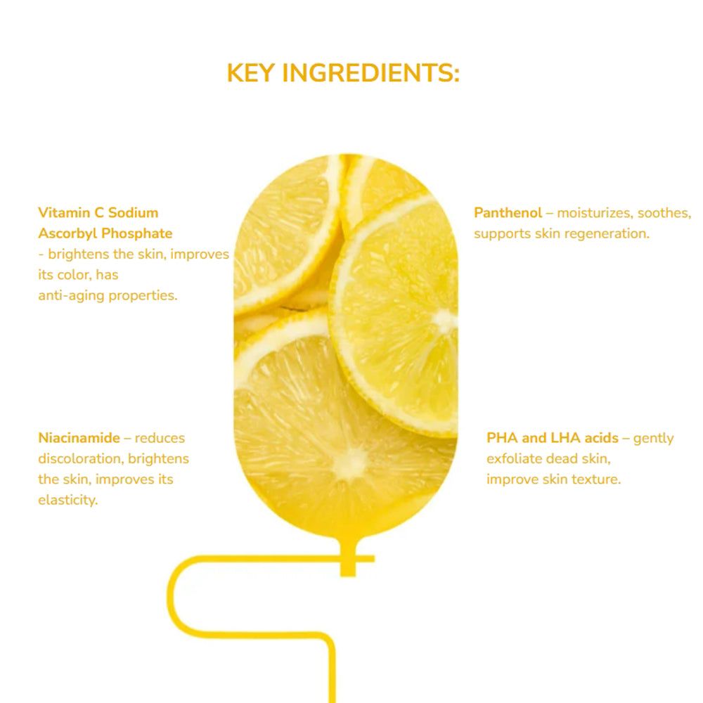 Grafica con fette di limone. Testo: Vitamina C, Niacinamide, PHA e acidi LHA, Pantenolo. Testo giallo e bianco su sfondo bianco.