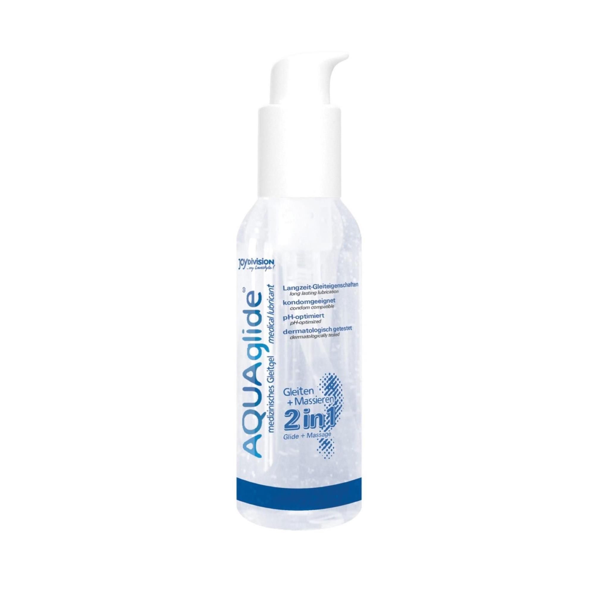 Flacone trasparente con dosatore bianco. Scritta: AQUAglide 2in1, gel lubrificante medico, pH ottimizzato. Marchio: Joydivision.