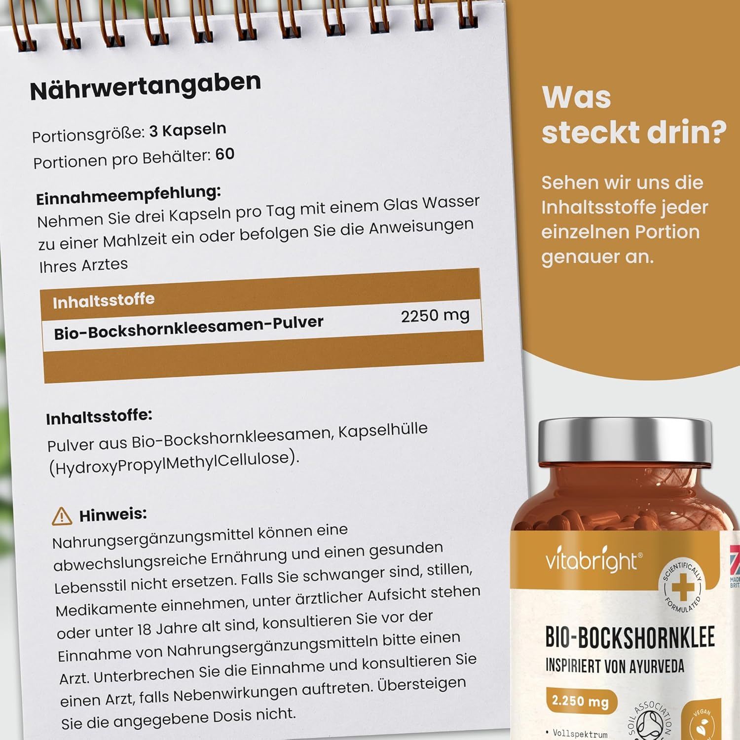 Etichetta integratore alimentare con ingredienti: polvere di semi di fieno greco bio. Contiene 2250 mg per porzione. Bottiglia marrone sullo sfondo.