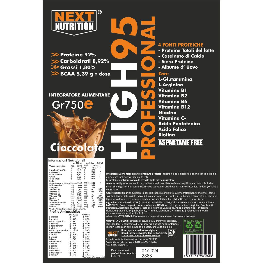 Confezione del prodotto: HIGH 95 PROFESSIONAL. Testo: Proteine 92%, Carboidrati 0,92%, Grassi 1,80%. Gr750e, Cioccolato.
