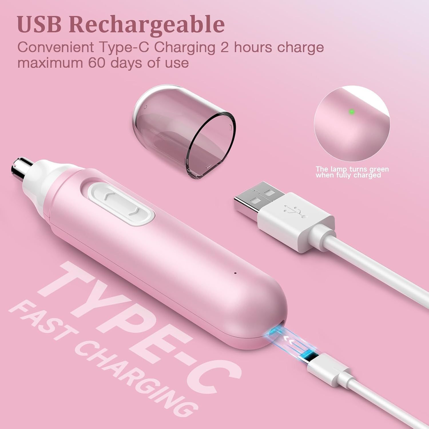 Trimmer per peli nasali rosa con cavo di ricarica USB. Ricarica rapida di tipo C. Indicatore di carica. Tappo protettivo trasparente.