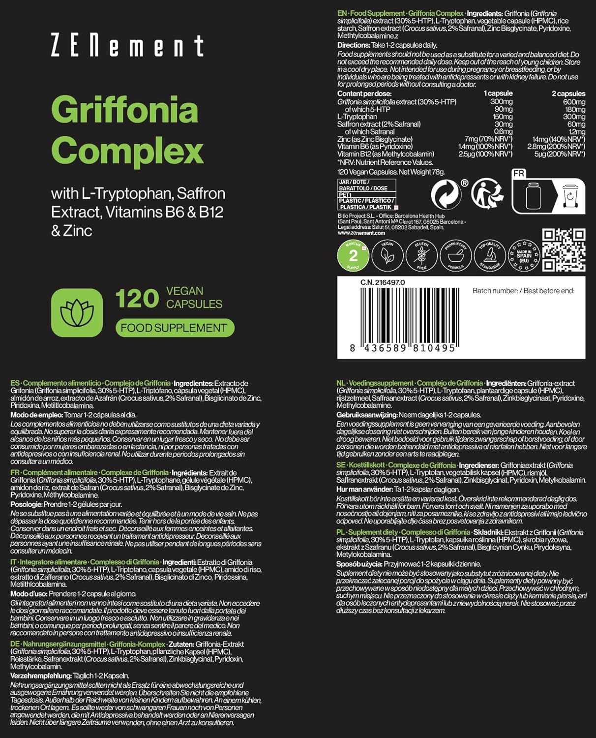 Retro del flacone Zenement Griffonia-Komplex. Contiene informazioni su ingredienti, dosaggio, avvertenze e informazioni nutrizionali.