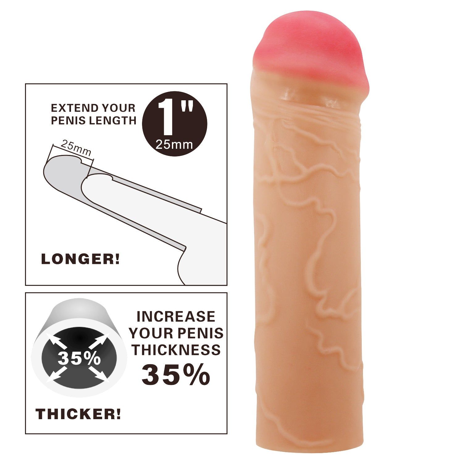 Prolunga pene con punta rossa. Superficie beige venata. Diagramma: +25mm lunghezza, +35% spessore.