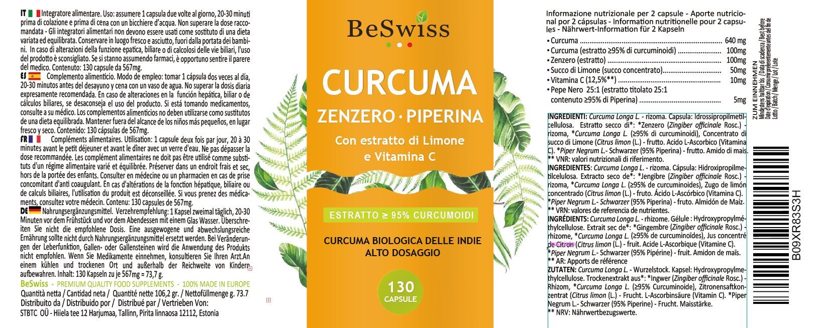 Etichetta con informazioni sul prodotto. Contiene curcuma, zenzero, piperina, estratto di limone e vitamina C. 130 capsule.