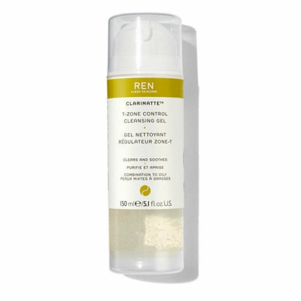 Flacone bianco trasparente, etichetta gialla. Testo: REN Clarimatte T-Zone Control Cleansing Gel. 150 ml.