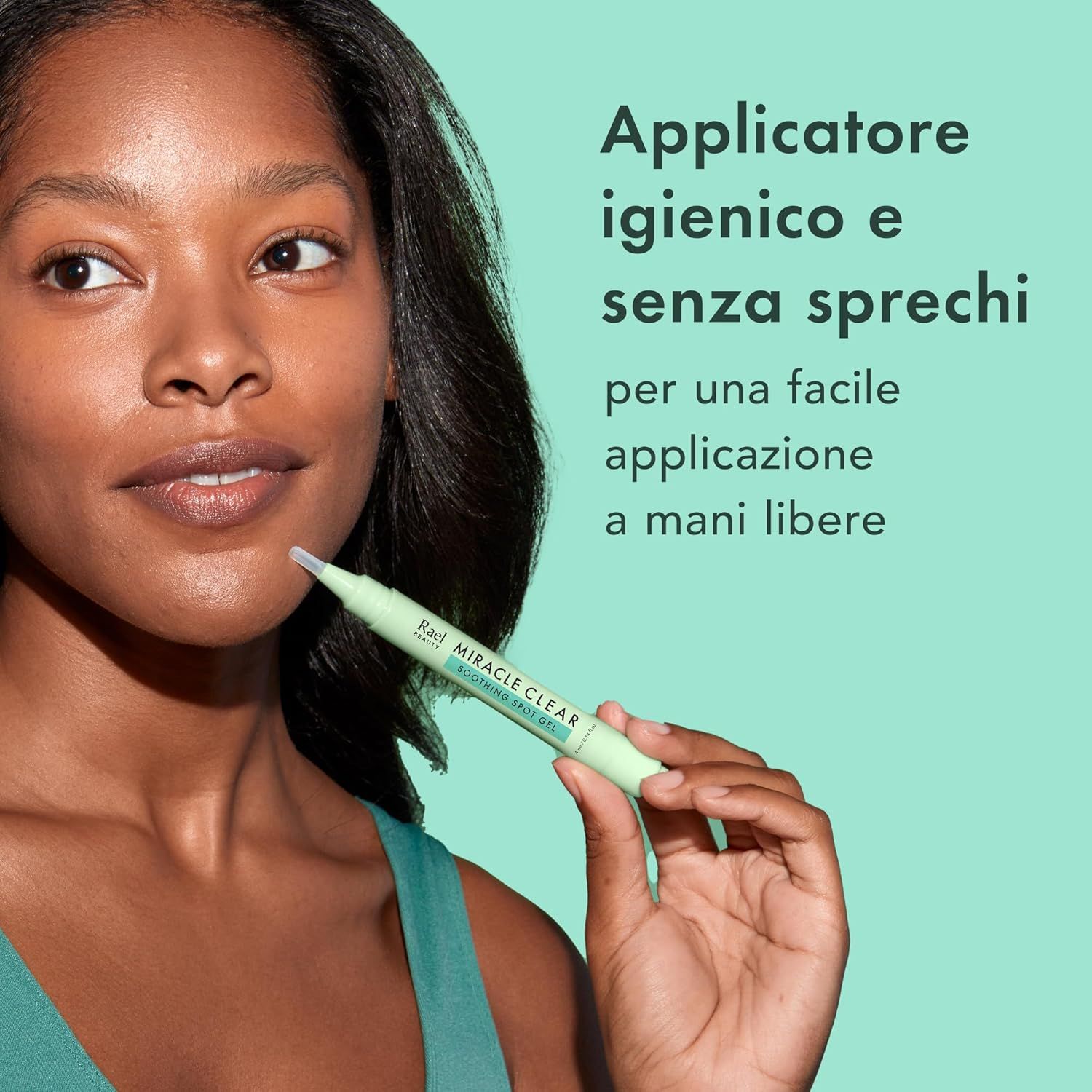 Applicatore verde. Testo: Applicatore igienico e senza sprechi. Per una facile applicazione a mani libere.