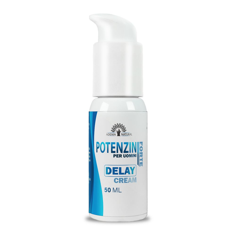 Flacone bianco con dosatore. Scritta: POTENZINI PER UOMINI DELAY CREAM 50 ml. Design blu.