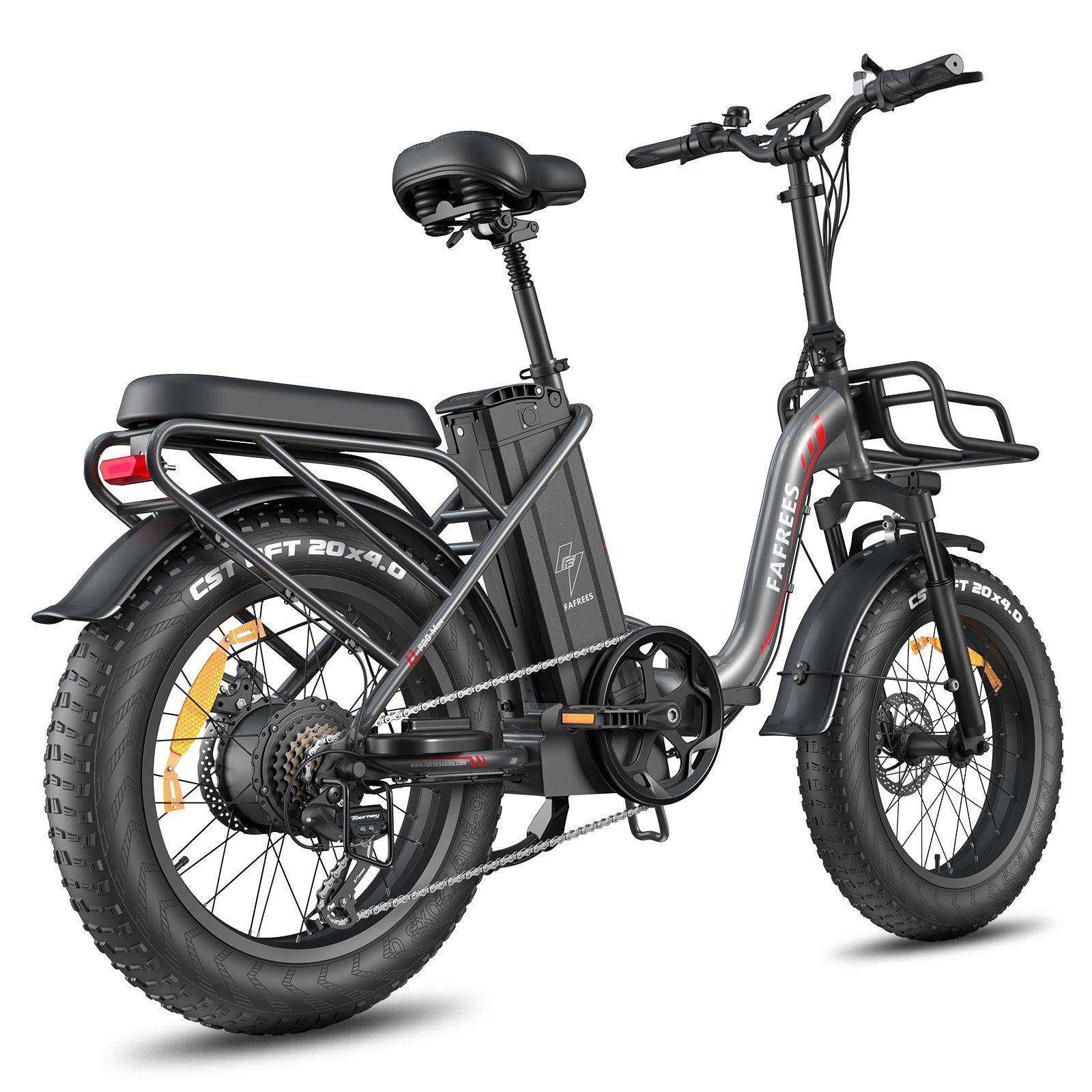 E-bike pieghevole con pneumatici larghi, portapacchi e batteria. Marchio FAFREES. Linea rossa sul telaio.