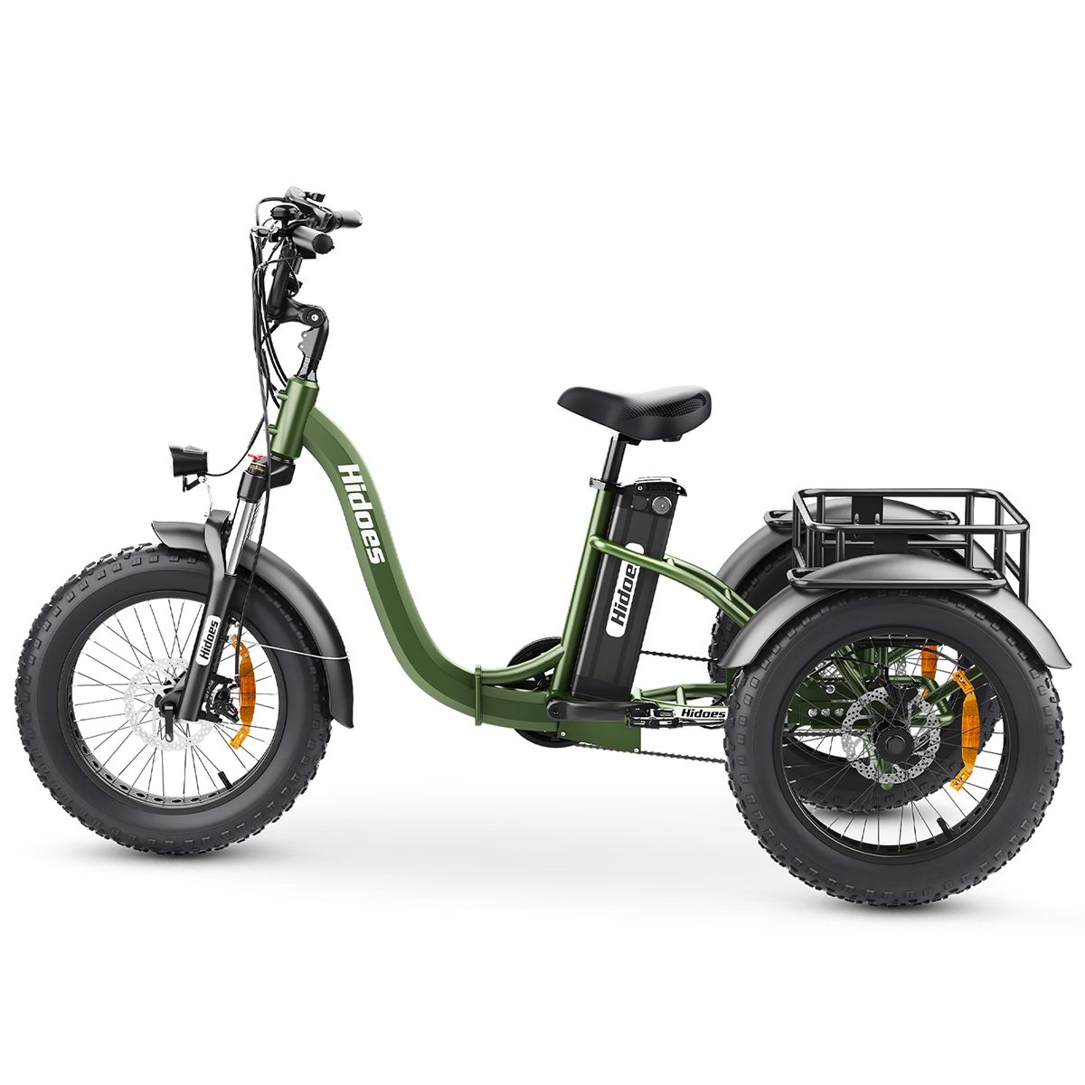 Triciclo elettrico verde con cestino, pneumatici e sedile neri. Marchio: Hidoes. Con faro e batteria.