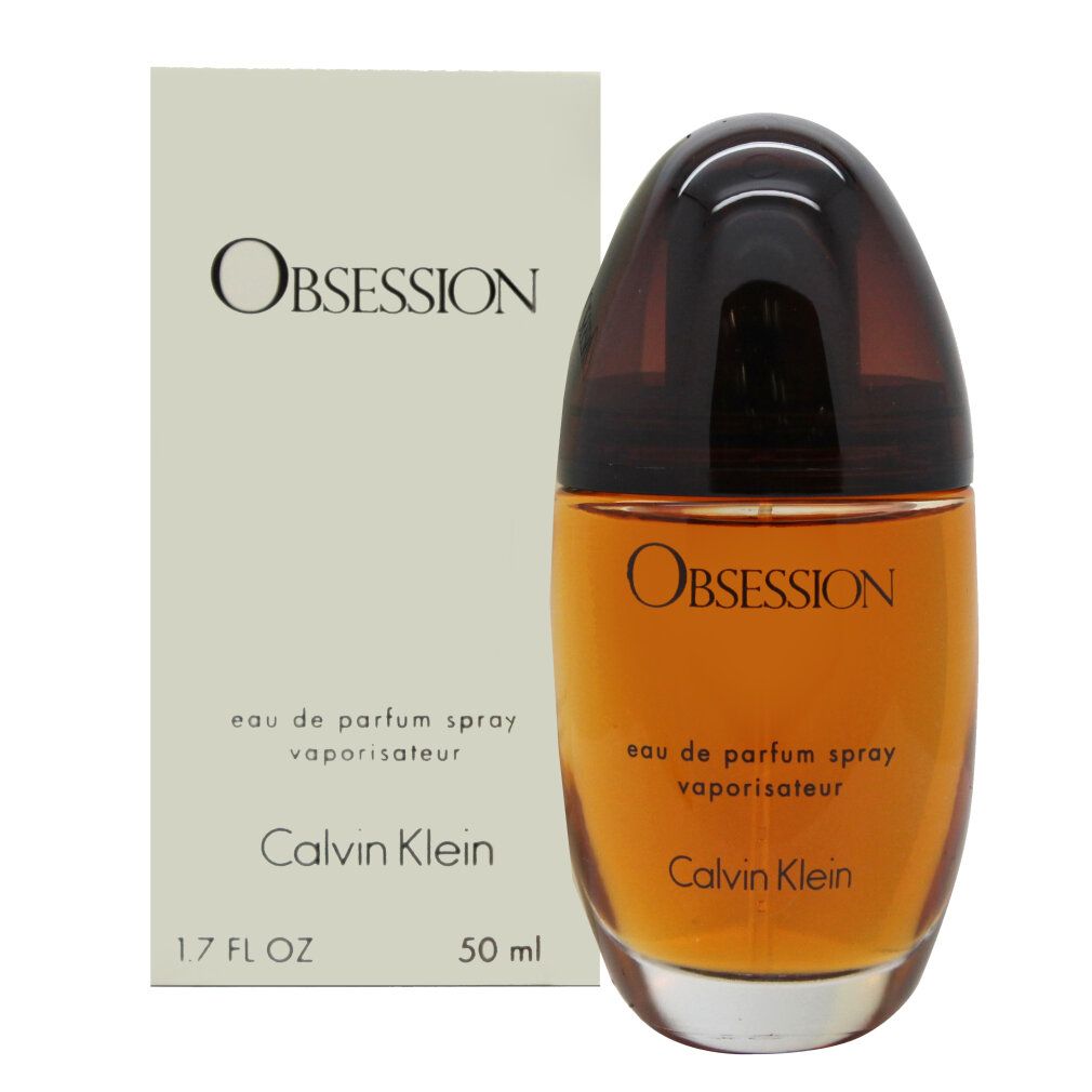 Flacone di profumo e confezione. Flacone con tappo marrone, logo Obsession. Confezione con logo Obsession, Calvin Klein, 1.7 FL OZ, 50 ml.