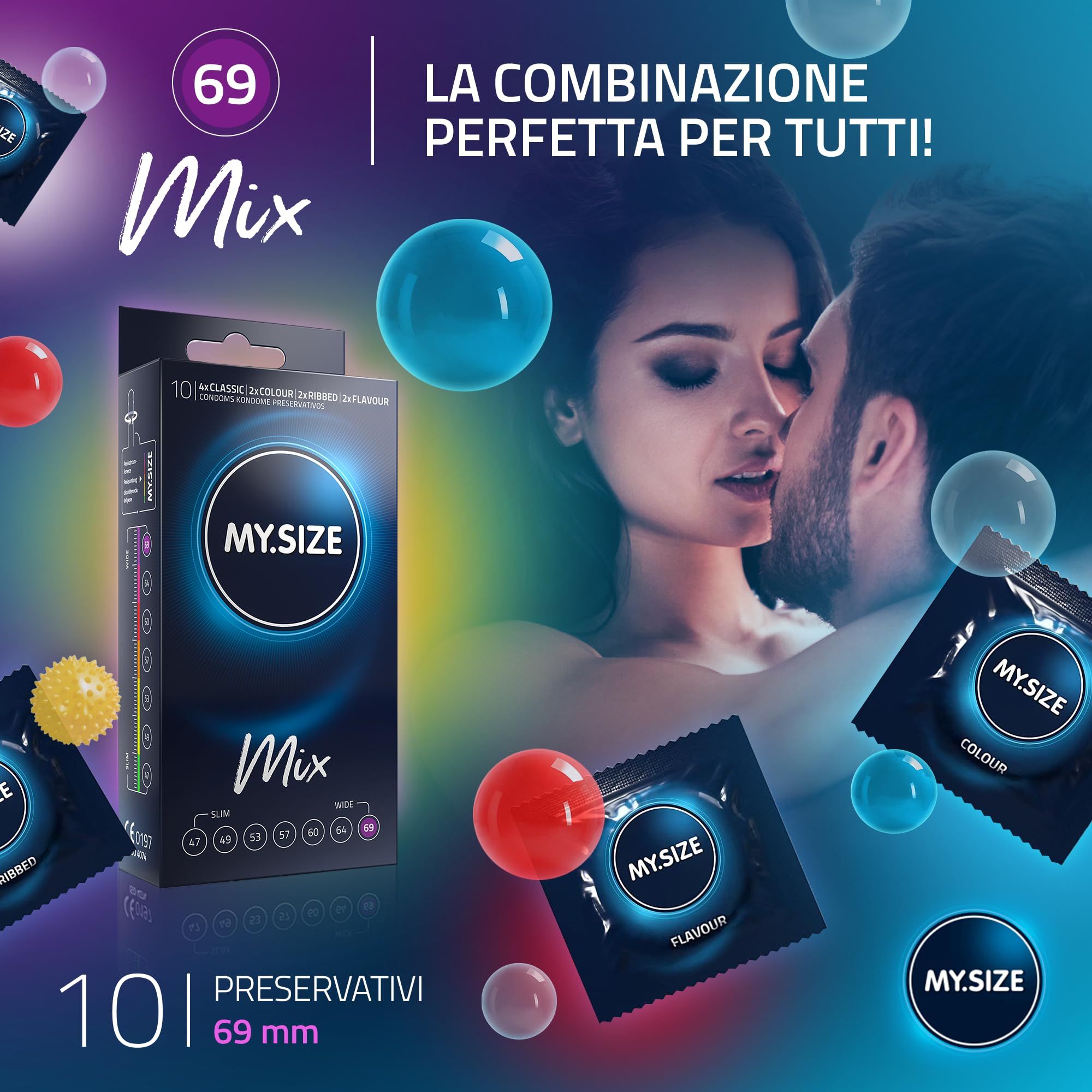 MY.SIZE Mix preservativi 69mm: Scatola, confezioni singole (Classic, Colour, Flavour, Ribbed) e una coppia.