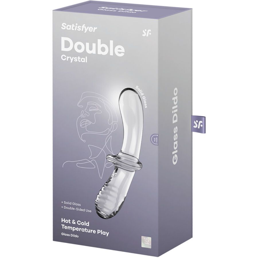 Confezione con dildo in vetro. Scritta: Satisfyer Double Crystal. Illustrazione del prodotto. Hot & Cold Temperature Play.
