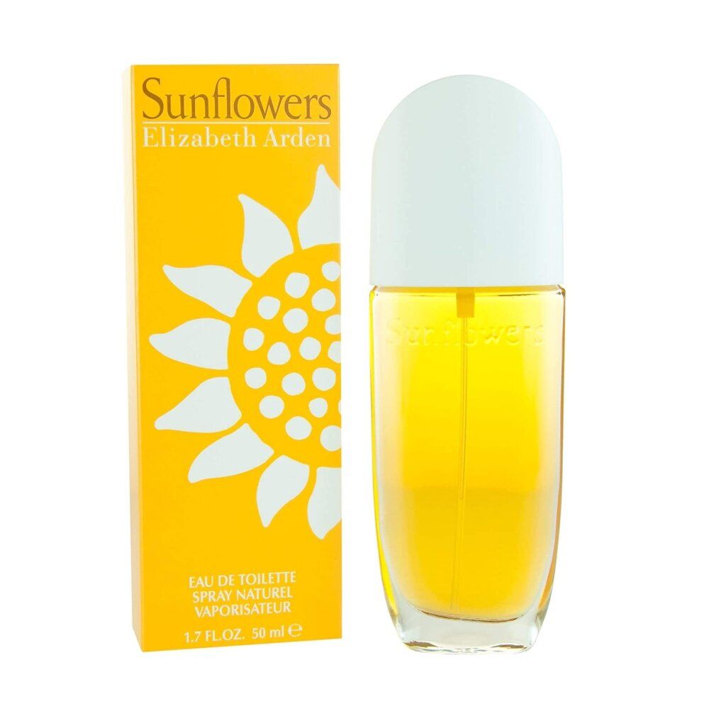 Flacone e scatola gialli. Scritta Sunflowers, Elizabeth Arden. Design girasole.