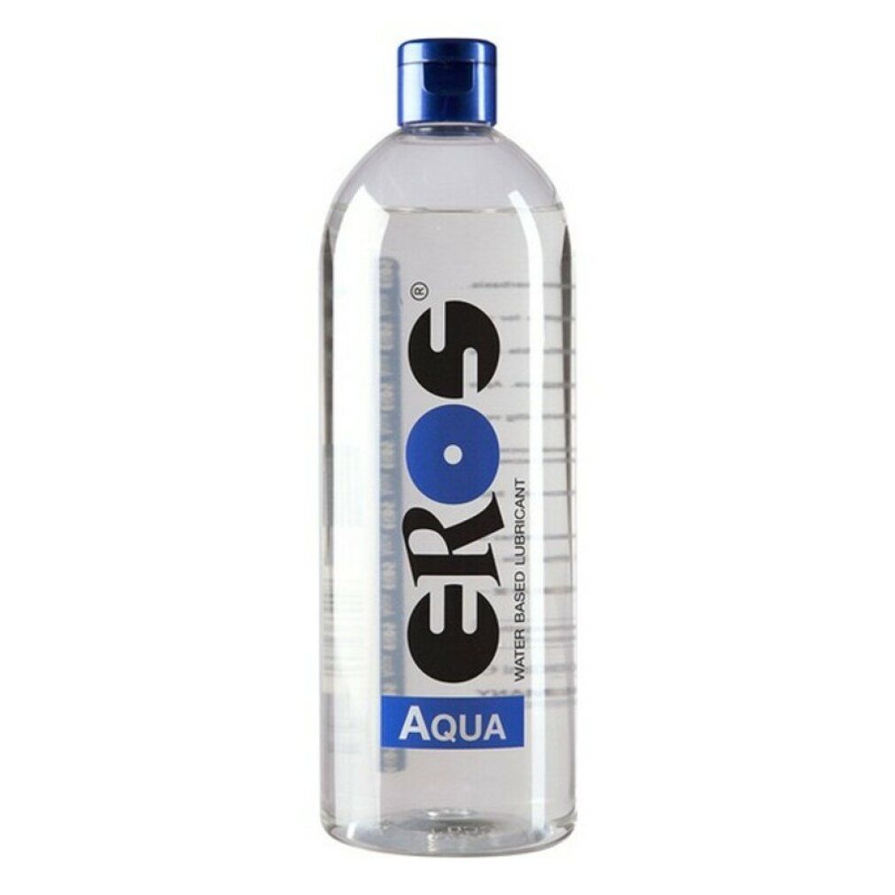 Flacone trasparente con tappo blu. Scritta: EROS Aqua. Lubrificante a base d'acqua.