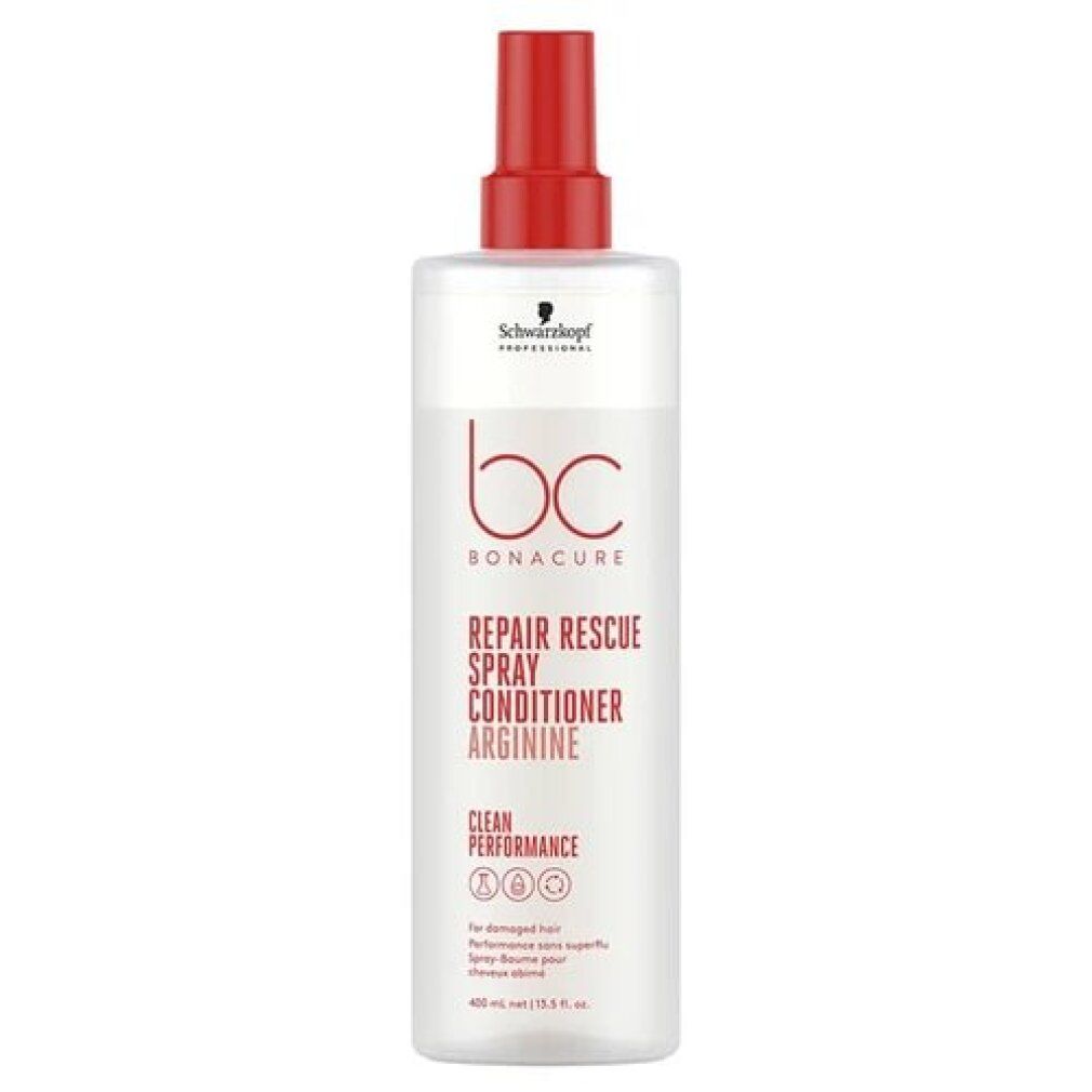 Flacone spray per capelli con erogatore rosso. Scritta: bc Bonacure Repair Rescue Spray Conditioner Arginine. Logo Schwarzkopf.