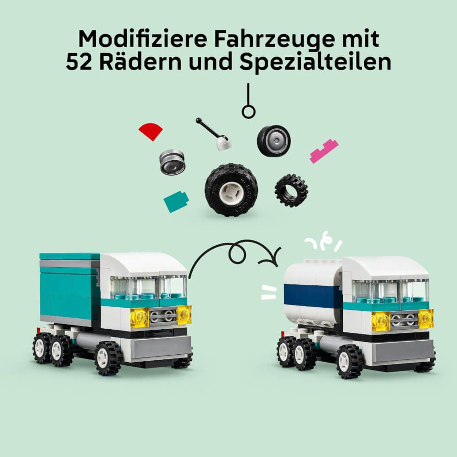 Due modelli di camion realizzati con mattoncini LEGO. Include ruote e parti speciali. Testo: Modifica i veicoli con 52 ruote e parti speciali.