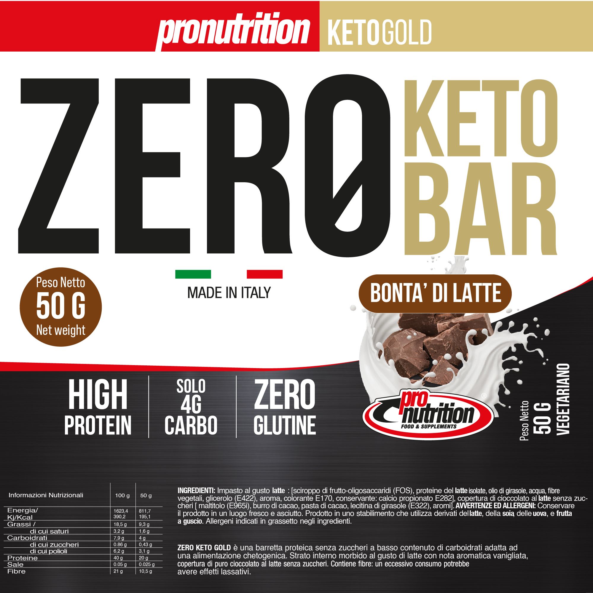 Confezione Pronutrition Zero Keto Bar. Scritta: Zero Keto Bar, Bontà di latte, 40% proteine, Senza glutine. Testo: 50g, Vegetariano.