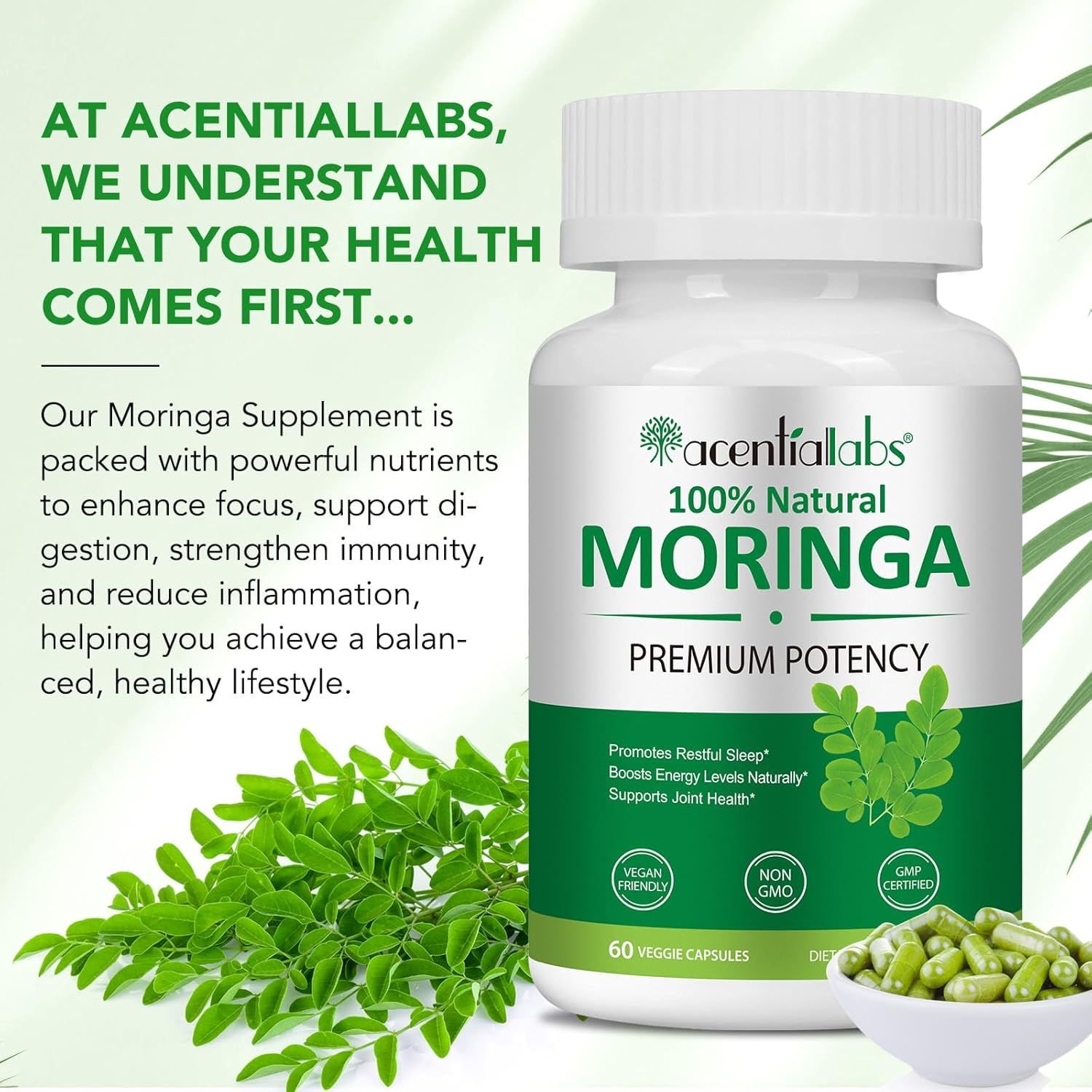 Capsule Zoxpm Moringa: Flacone con testo sui nutrienti per migliorare concentrazione, digestione e immunità.
