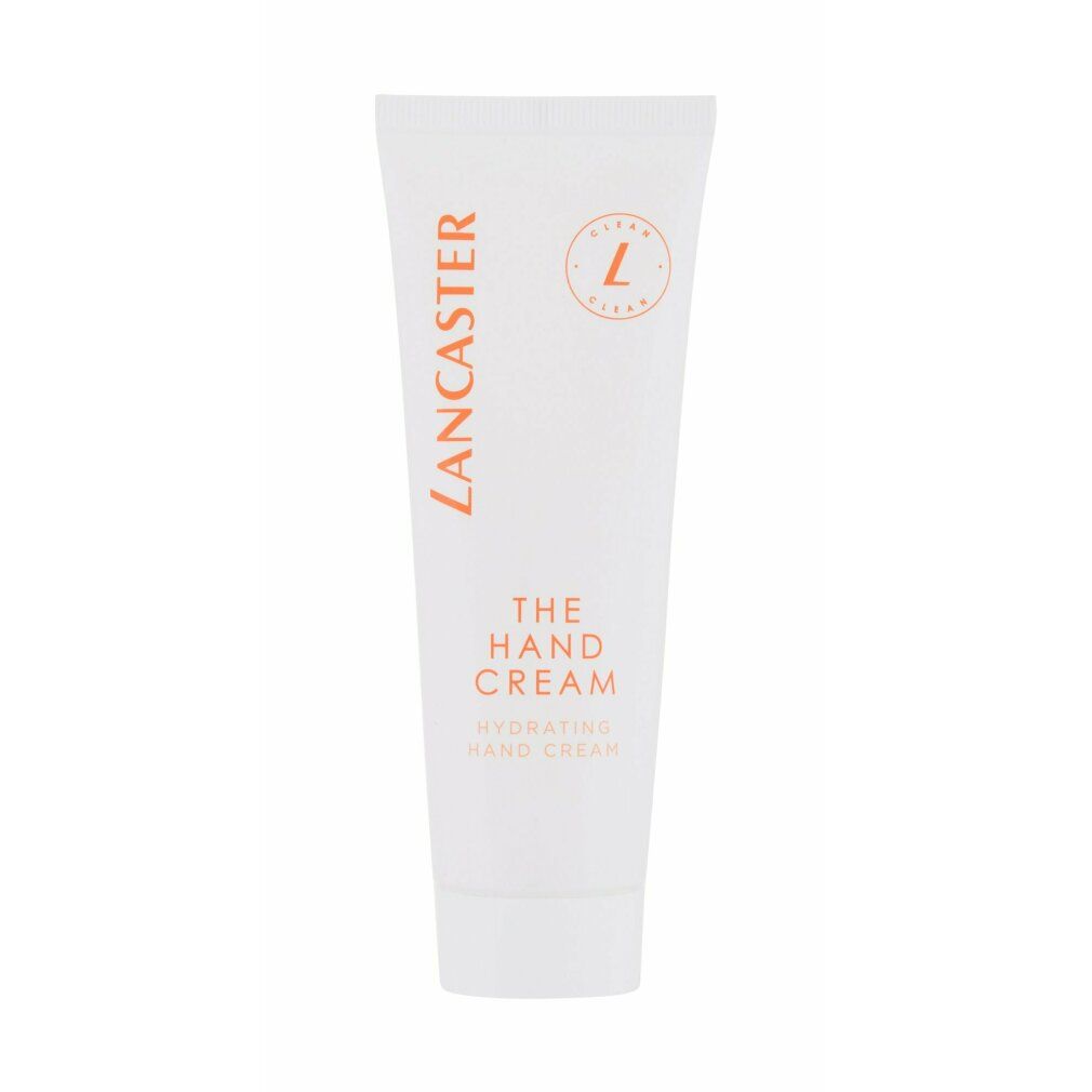 Tubo bianco con scritta "Lancaster" e "The Hand Cream". Scritta arancione. Crema mani idratante.
