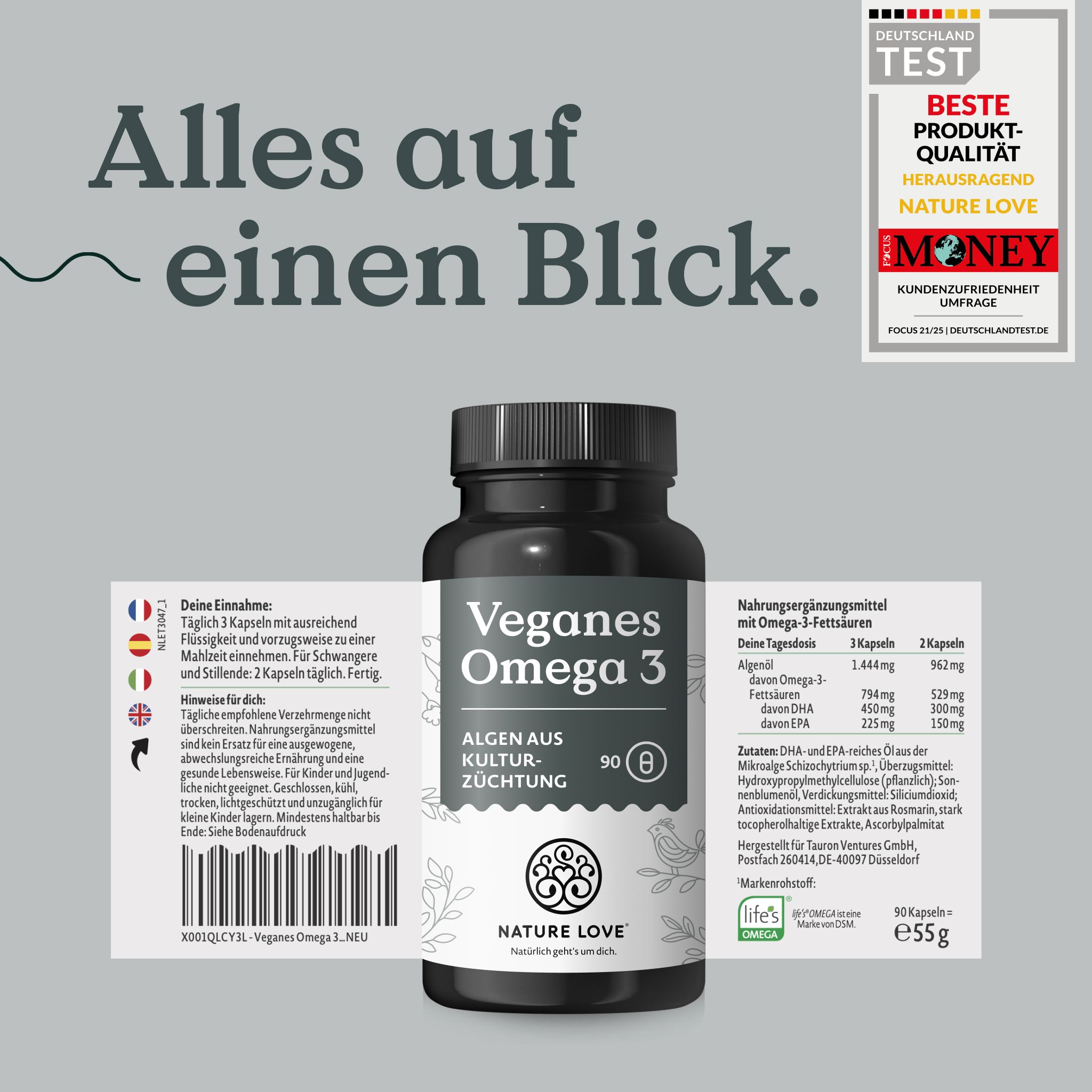 Flacone di capsule vegane Omega-3, etichette con informazioni nutrizionali e dosaggio.