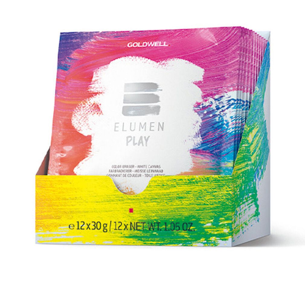 Confezione Goldwell Elumen Play. 12 x 30g. Macchie di vernice gialle, verdi, blu e rosa. Scritta Elumen Play.