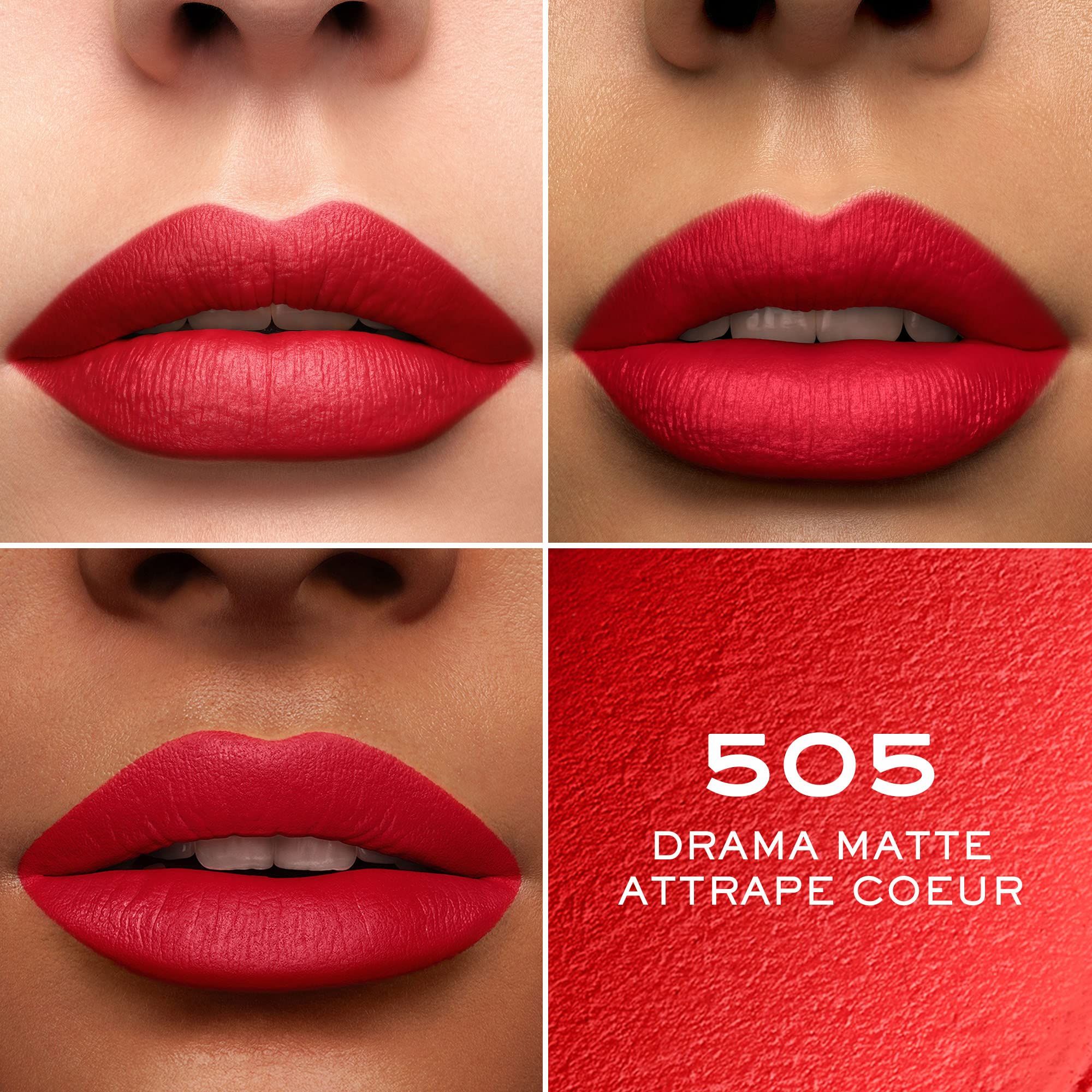 Quattro primi piani di labbra con rossetto rosso. Testo: « 505 Drama Matte Attrape Coeur ».