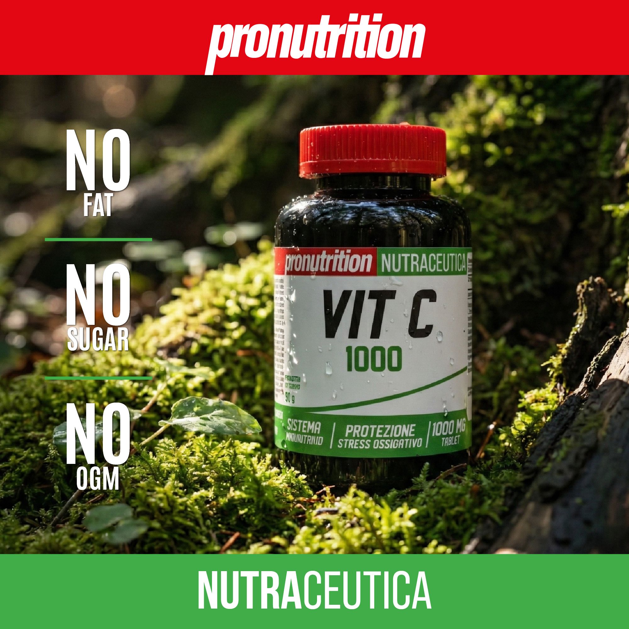 Flacone nero con tappo rosso. Scritta Vit C 1000. Scritte: No Fat, No Sugar, No OGM. Su muschio.