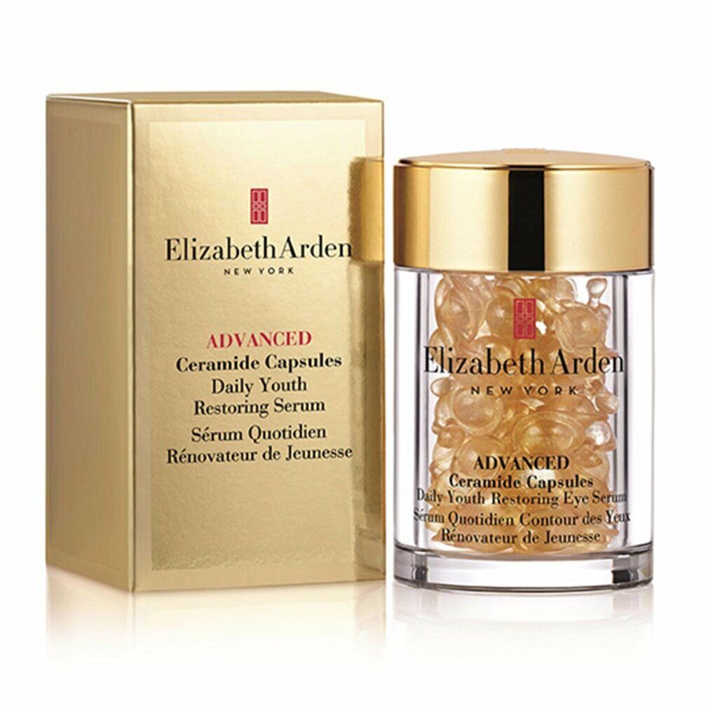 Confezione dorata e flacone di capsule. Scritta: Elizabeth Arden, Advanced Ceramide Capsules.