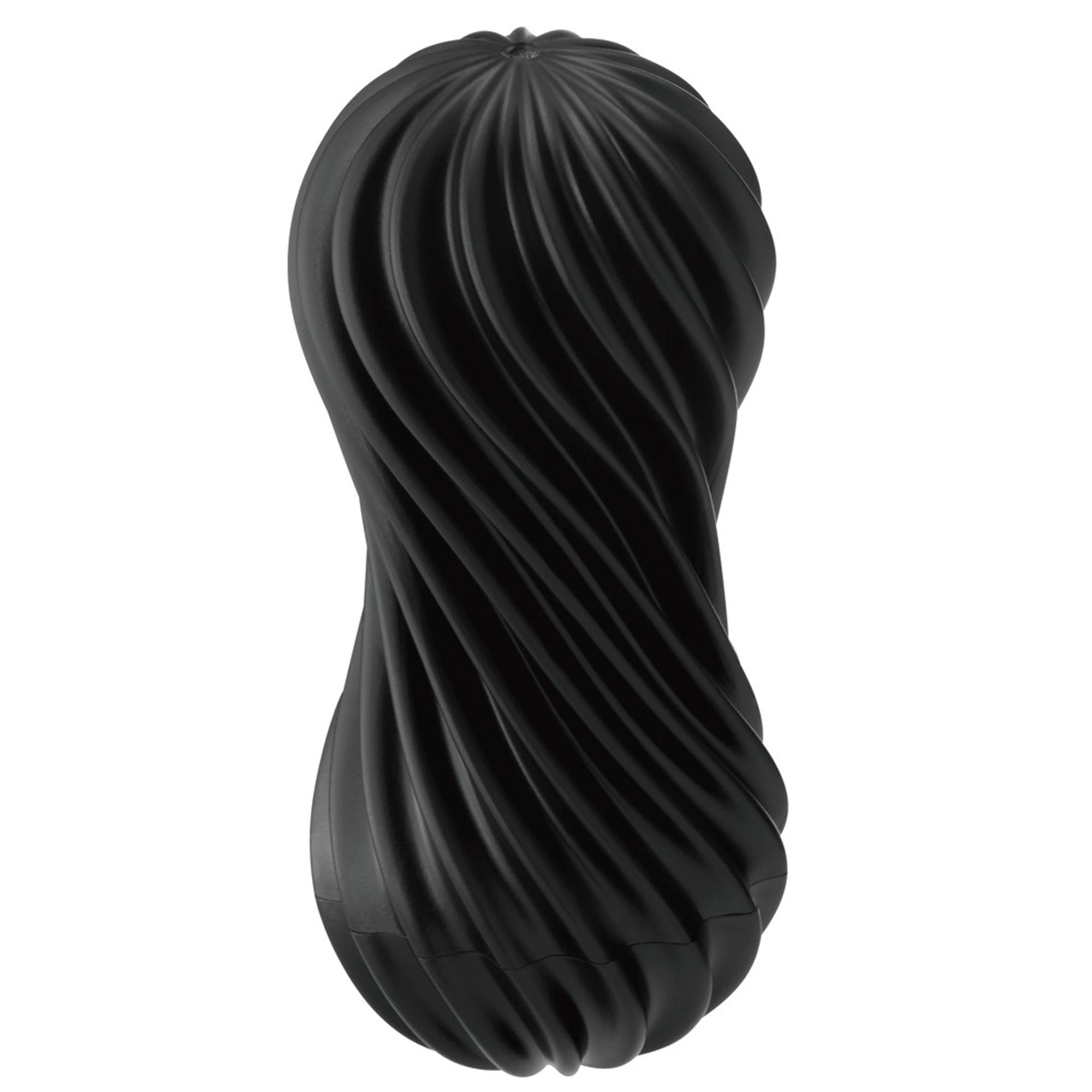 Prodotto nero attorcigliato con superficie a spirale. Forma cilindrica con texture scanalata.