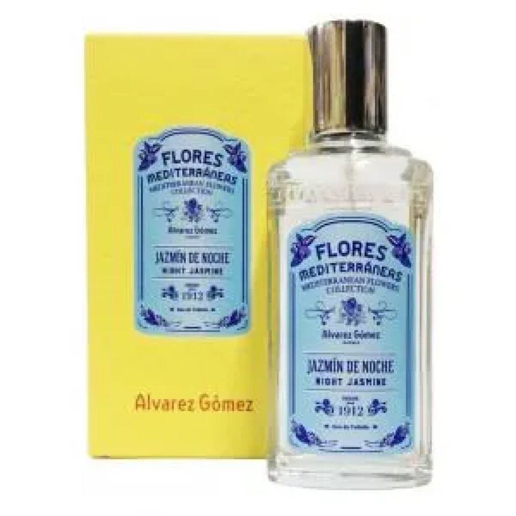 Alvarez Gómez Jazmín de Noche, flacone e scatola. Scatola gialla, flacone rettangolare con tappo argentato. Testo e logo.