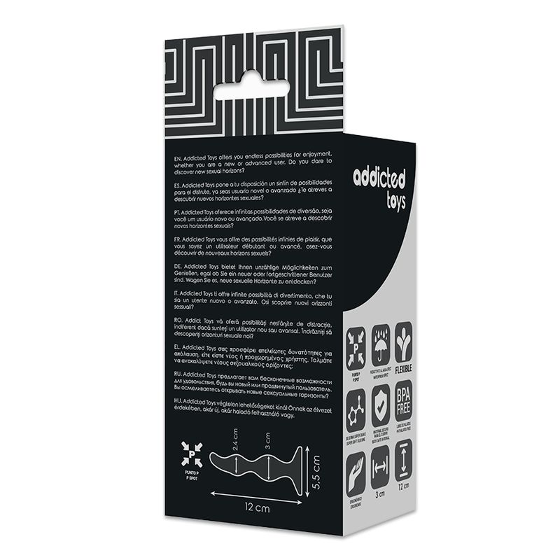 Retro della confezione. Testo multilingue. Illustrazione del prodotto e dimensioni. Marchio 'Addicted Toys'.