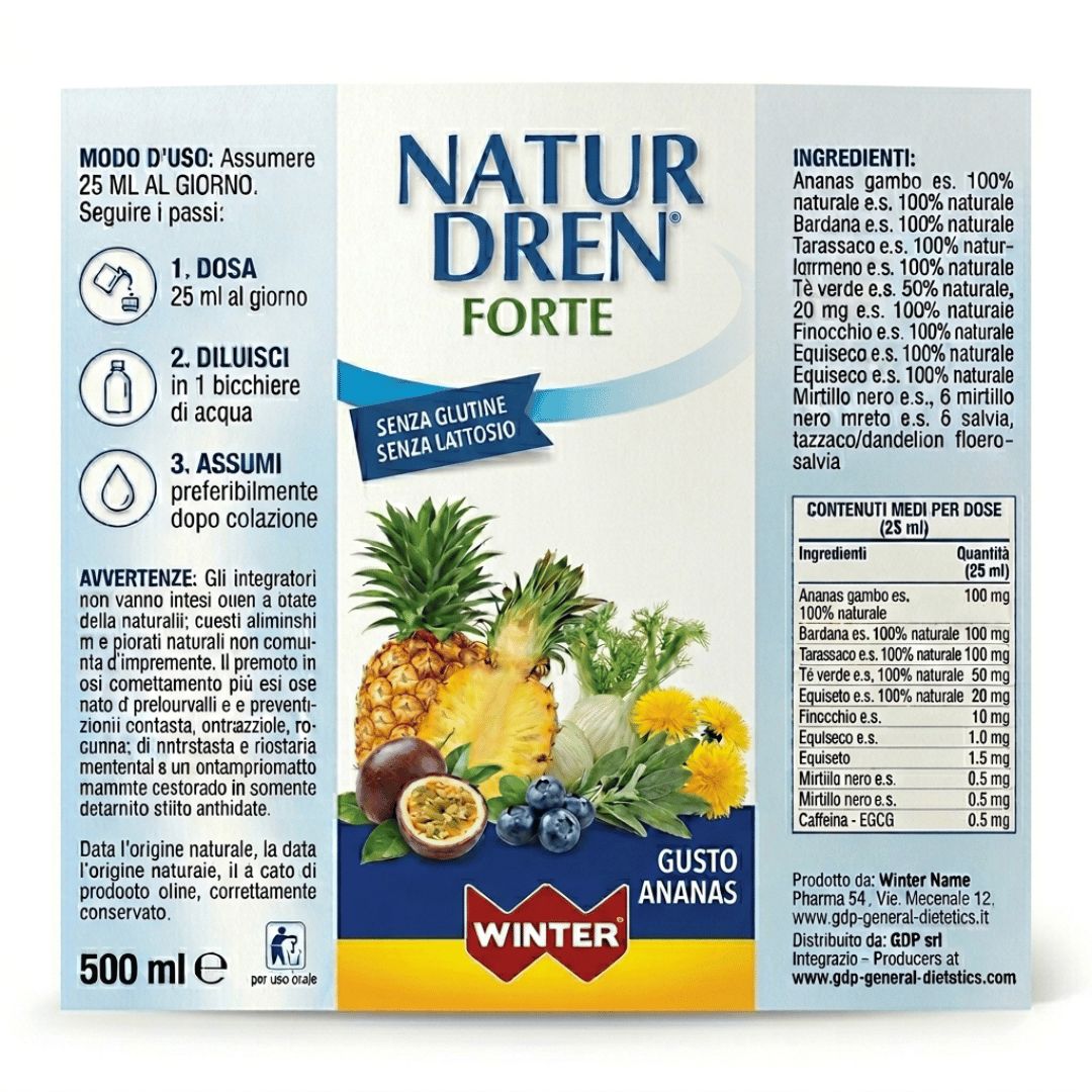 Bottiglia Winter Natur Dren Forte con etichetta che mostra gusto ananas, ingredienti e uso.