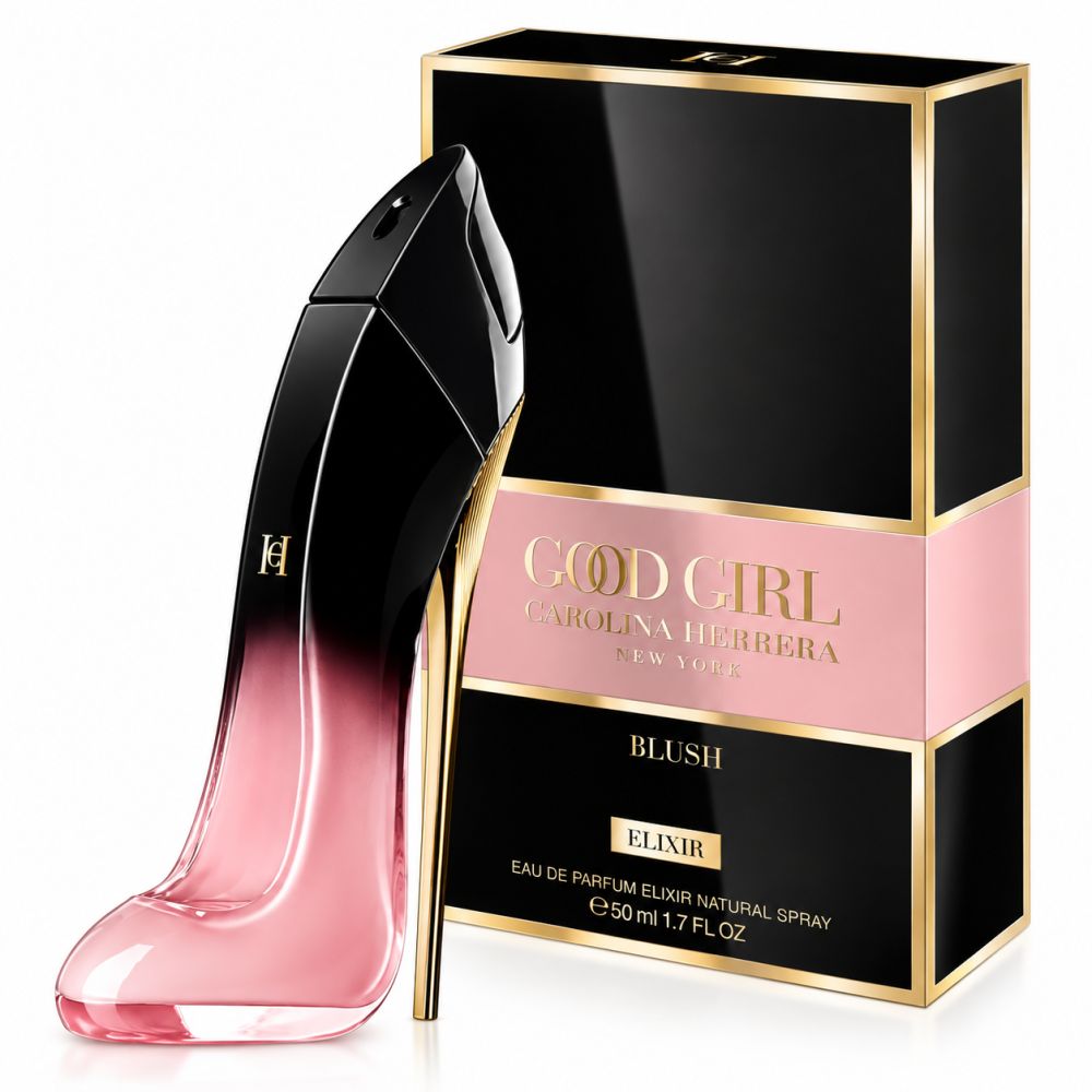 Flacone di profumo a forma di tacco alto accanto a una confezione nera con accenti dorati e testo.