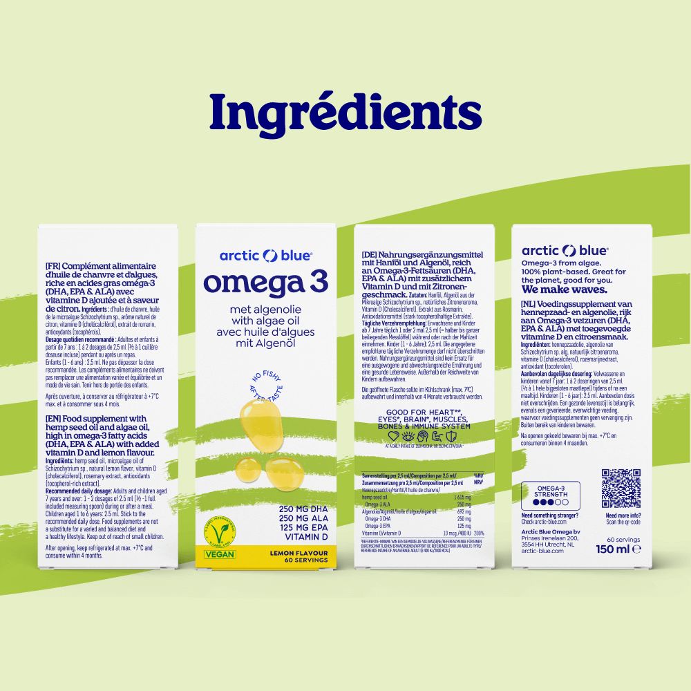 Flacone di olio di alghe Omega 3 al limone, sigillo V-Label Vegan e informazioni sugli ingredienti.