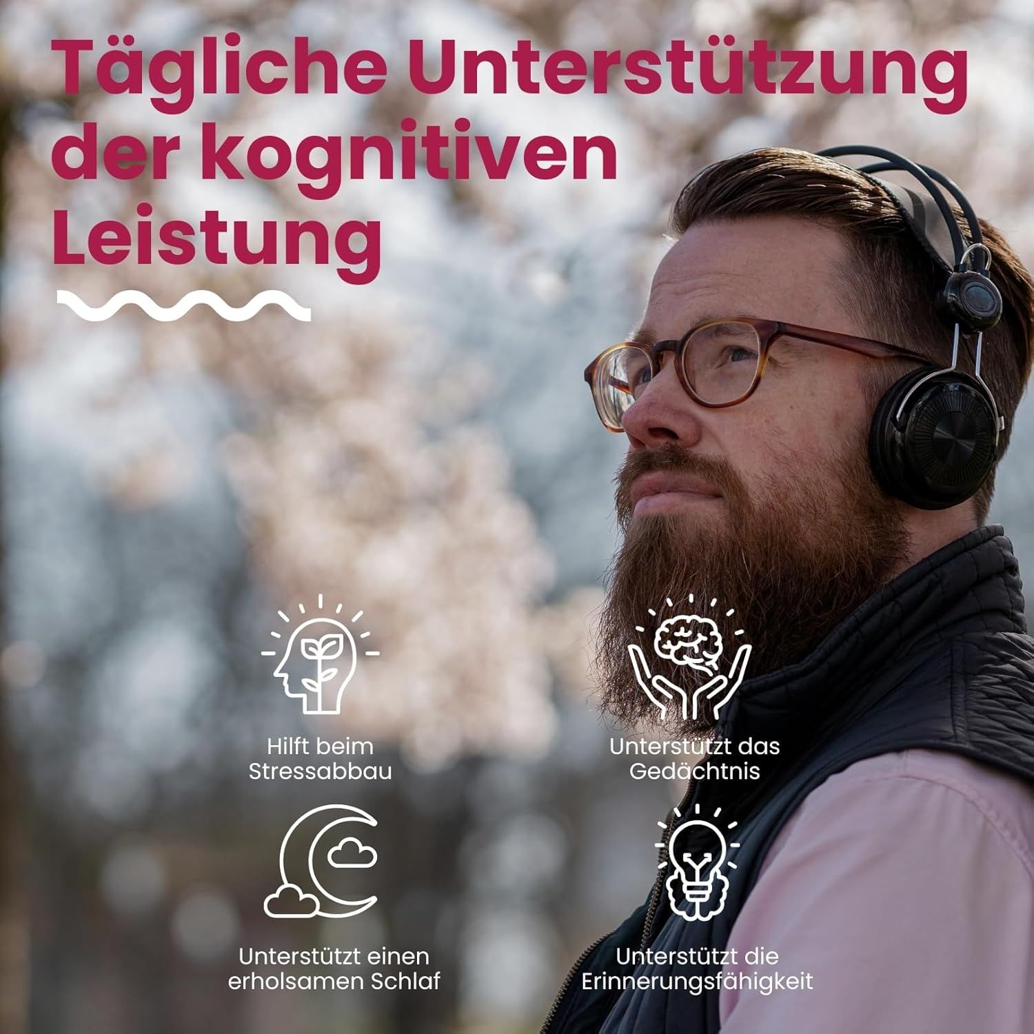 Uomo con occhiali e cuffie. Testo: Supporto quotidiano delle prestazioni cognitive.