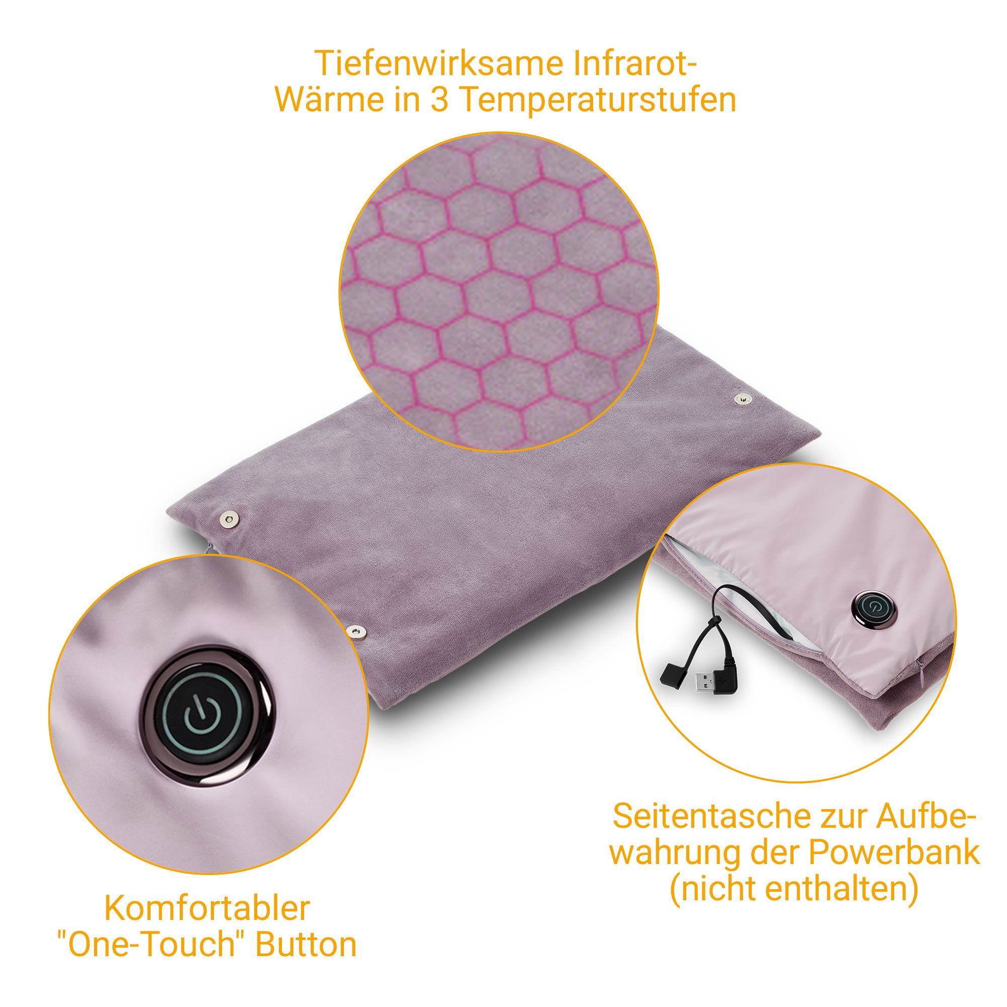 Scaldamani con pulsante "One-Touch" e tasca con zip per power bank.