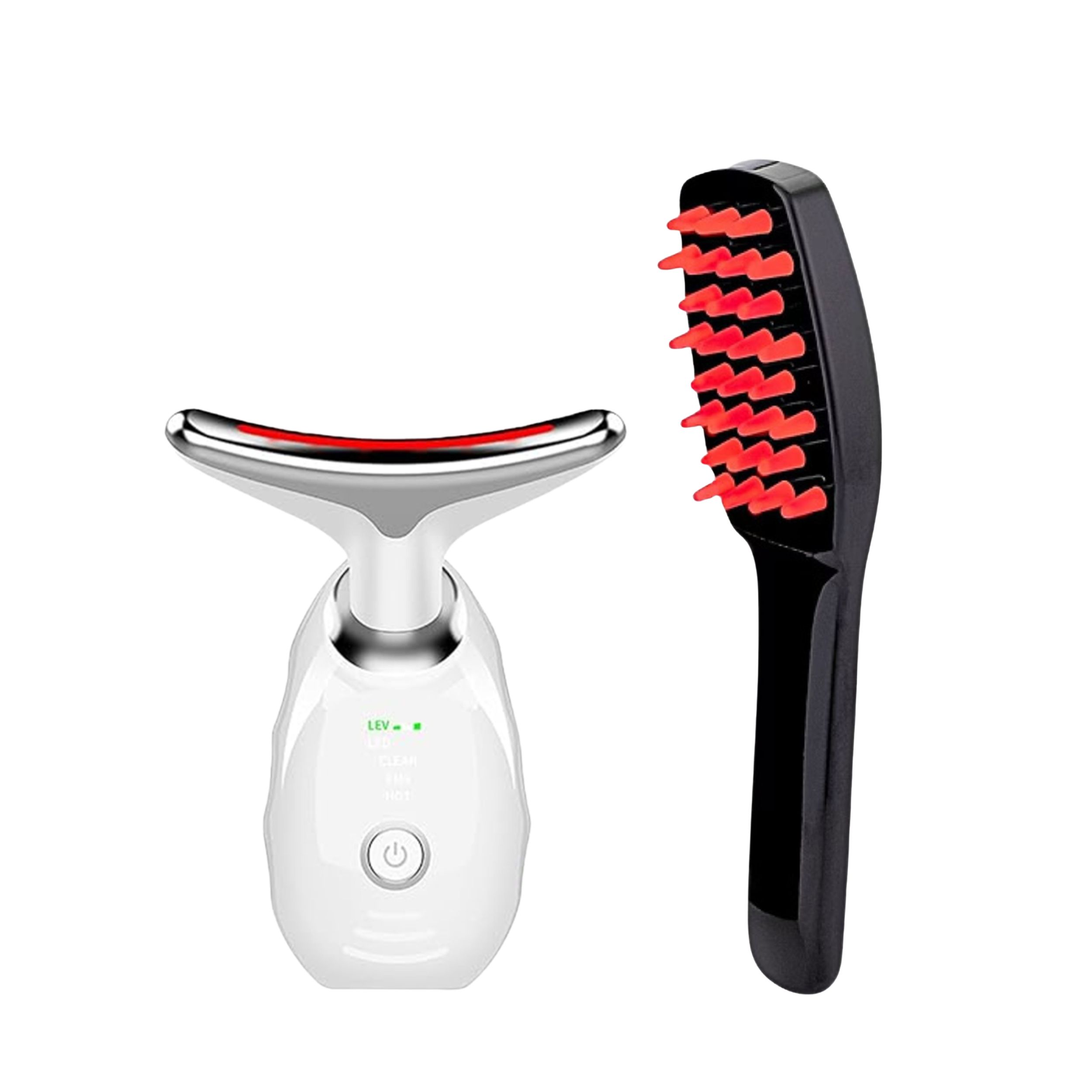 Massaggiatore facciale e spazzola per capelli. Il massaggiatore ha luce rossa. La spazzola ha setole rosse. Entrambi i prodotti sono bianchi e neri.