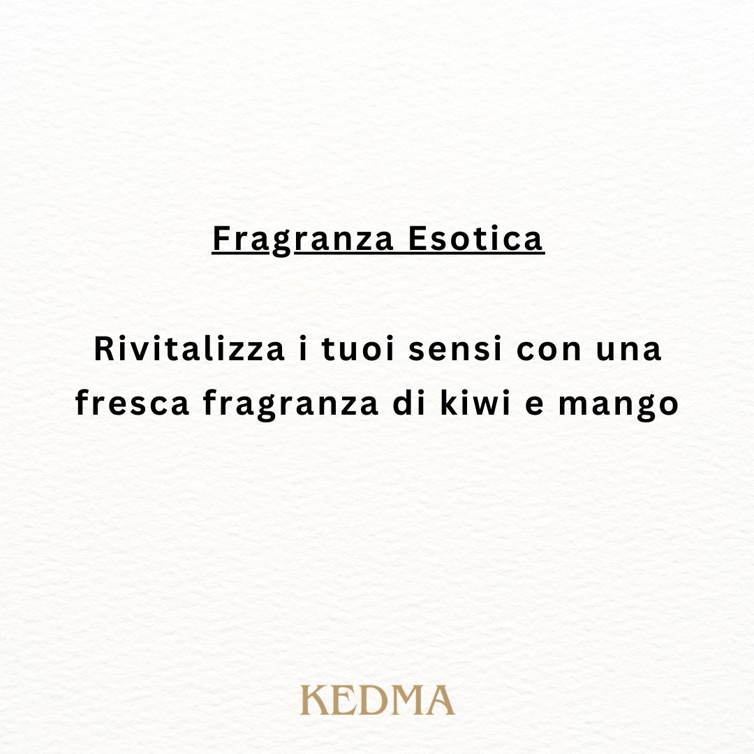 Testo su sfondo crema: Fragranza Esotica. Rivitalizza i tuoi sensi.