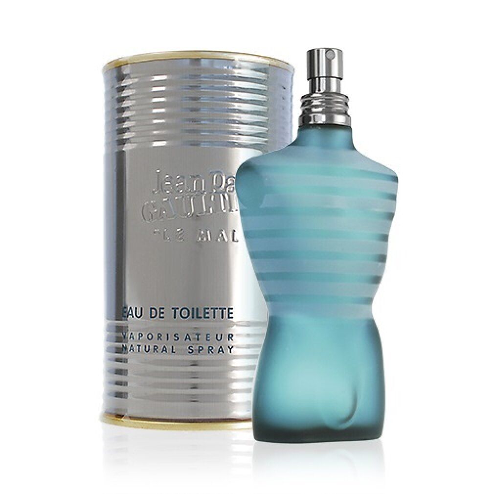Flacone a forma di corpo maschile e scatola. Scritta: Jean Paul Gaultier, Le Male. Eau de Toilette.