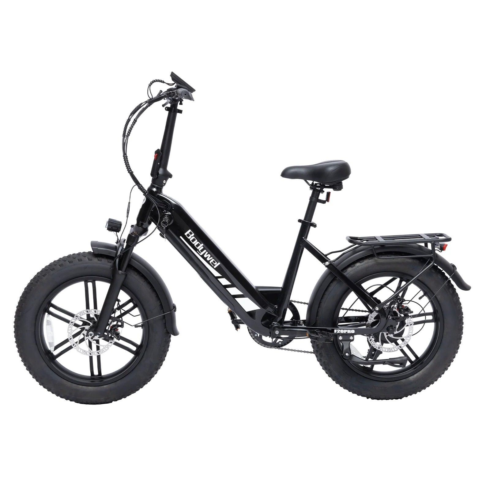Bicicletta elettrica Bodywel F20PRO nera. Pneumatici larghi, portapacchi, parafanghi. Marchio Bodywel visibile.