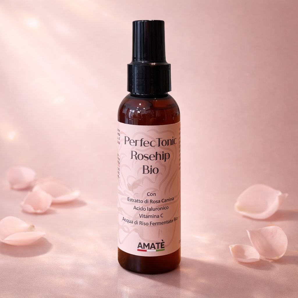 Flacone marrone con erogatore nero. Scritta: PerfecTonic Rosehip Bio. Con petali di fiori.