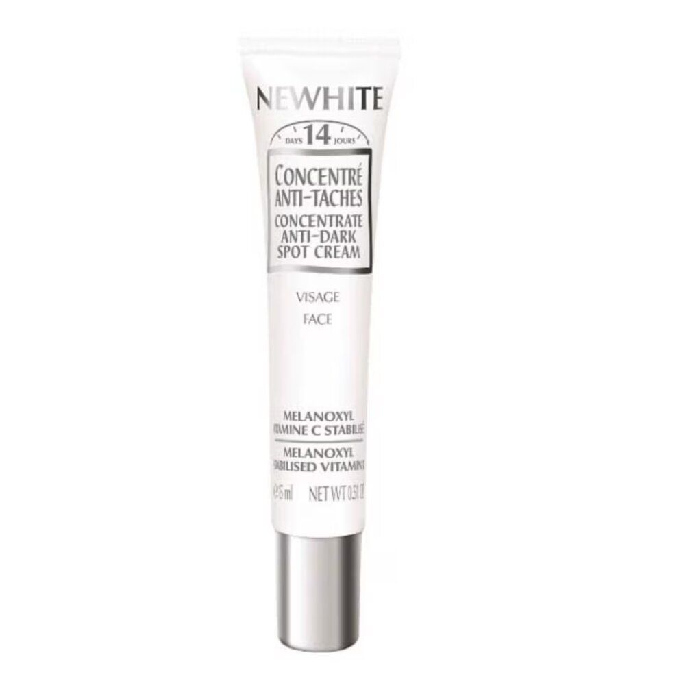 Tubo Guinot Newhite. Tubo bianco, tappo argento. Testo: Newhite, Concentre Anti-Taches, 15ml.