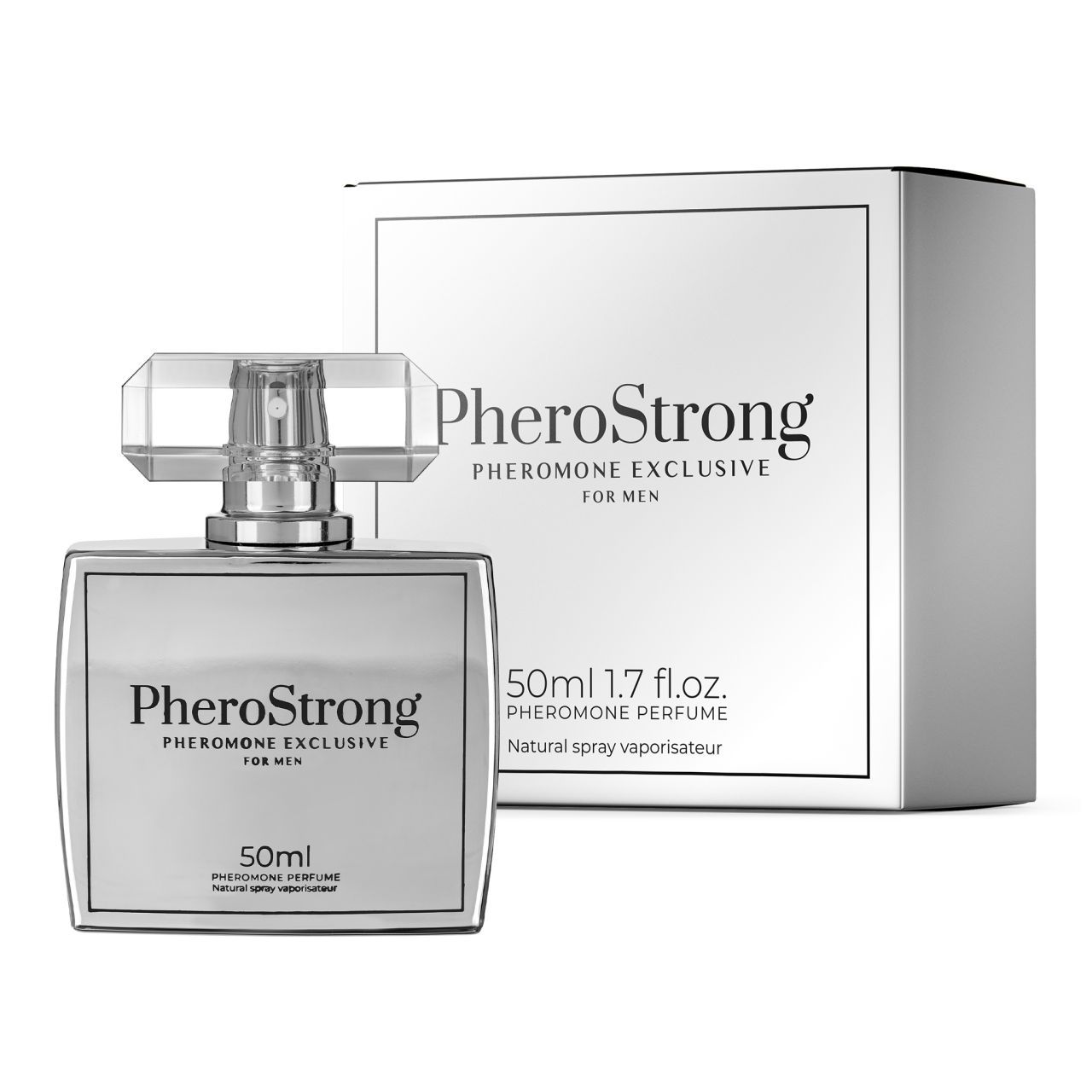Flacone e scatola argentati per PheroStrong Pheromone Perfume for Men, 50ml.