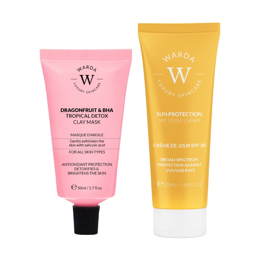 Due tubi: rosa e giallo. Scritto: Warda Luxury Skincare, Dragonfruit & BHA Clay Mask, Crema giorno SPF 30.