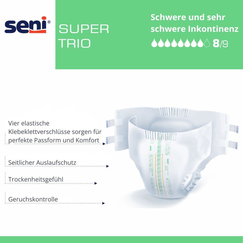 Pannolino Super Seni Trio. Testo con caratteristiche: chiusure, protezione perdite, sensazione asciutta, controllo odori.