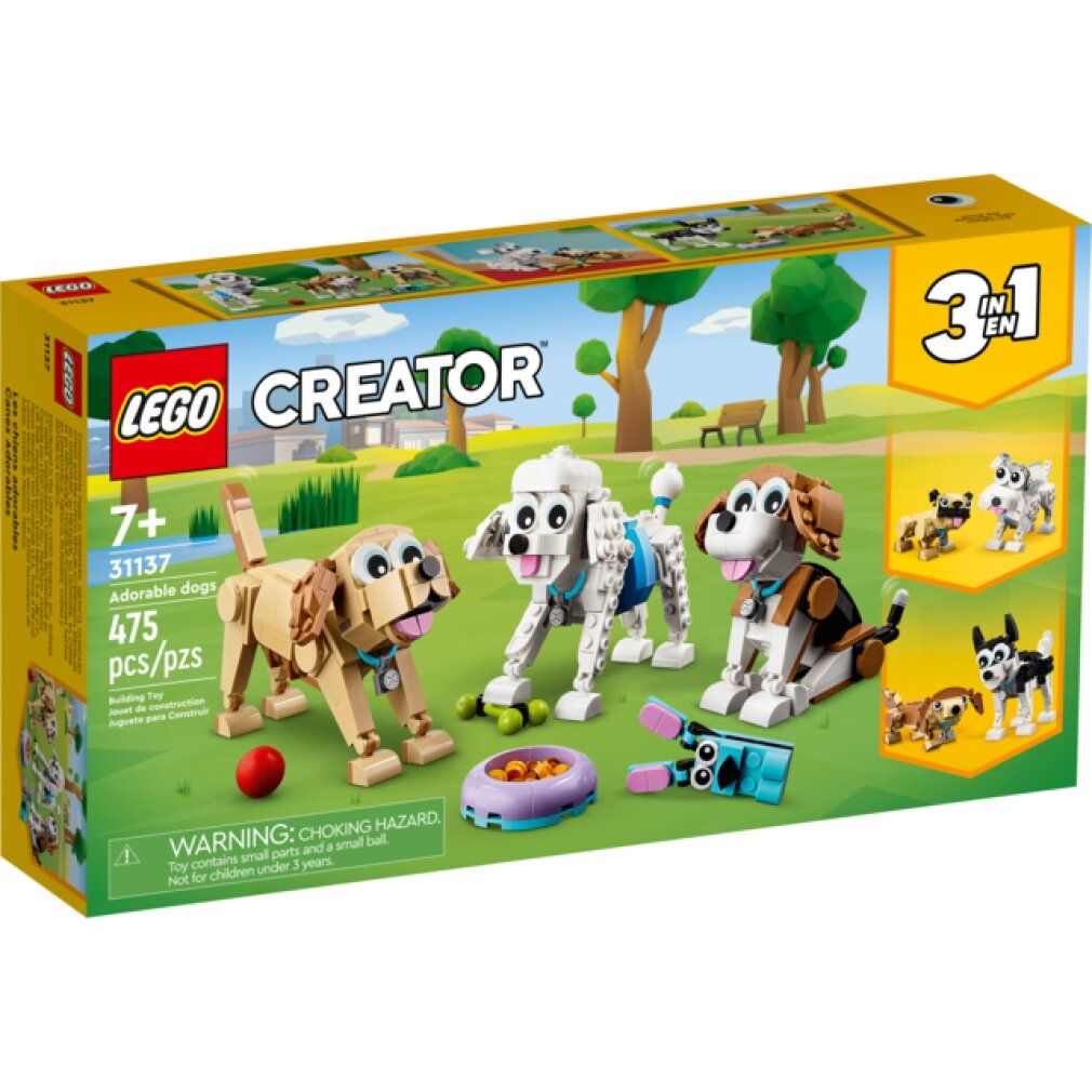LEGO Creator 31137. Set 3 in 1. Modelli di cani: Bassotto, Barboncino, Beagle. Confezione con logo 3 in 1. 7+.