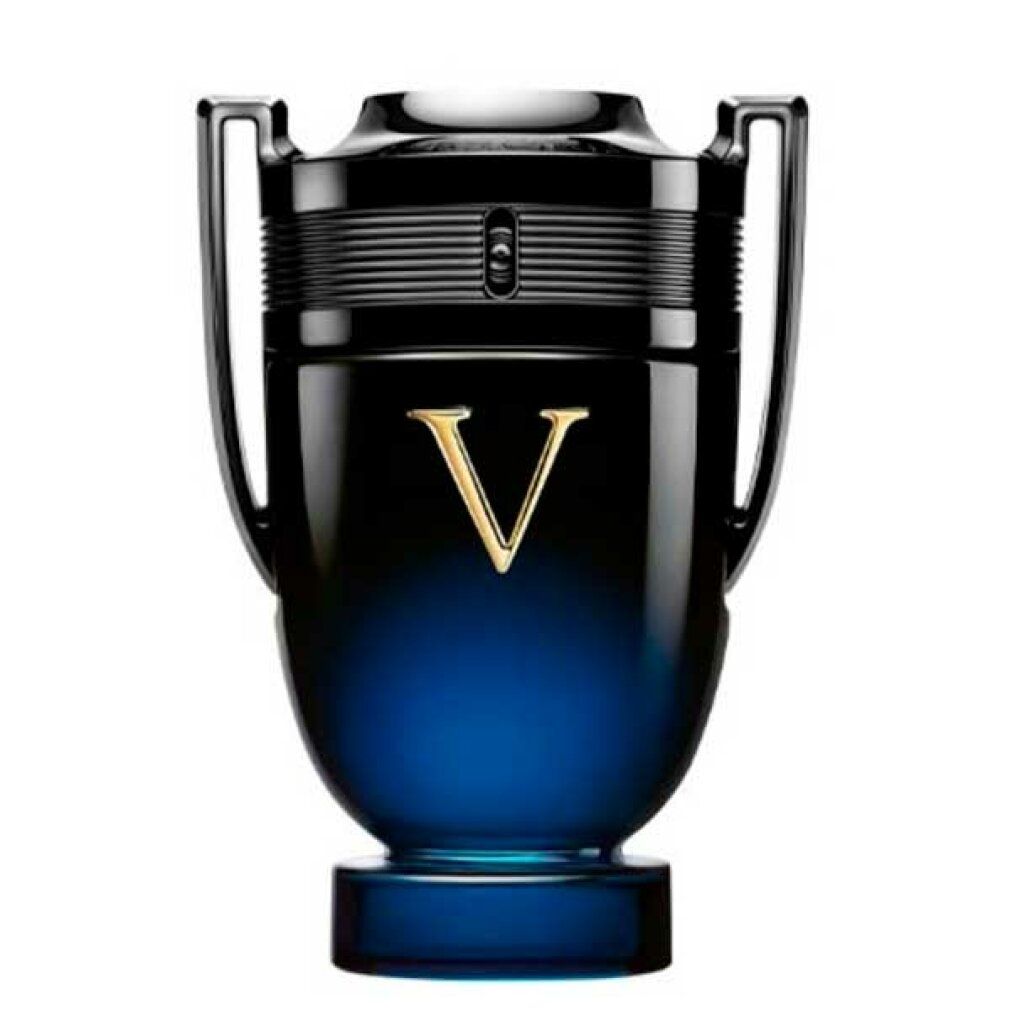 Flacone blu scuro con 'V' dorata. Tappo e manici neri. Scritta 'V'.